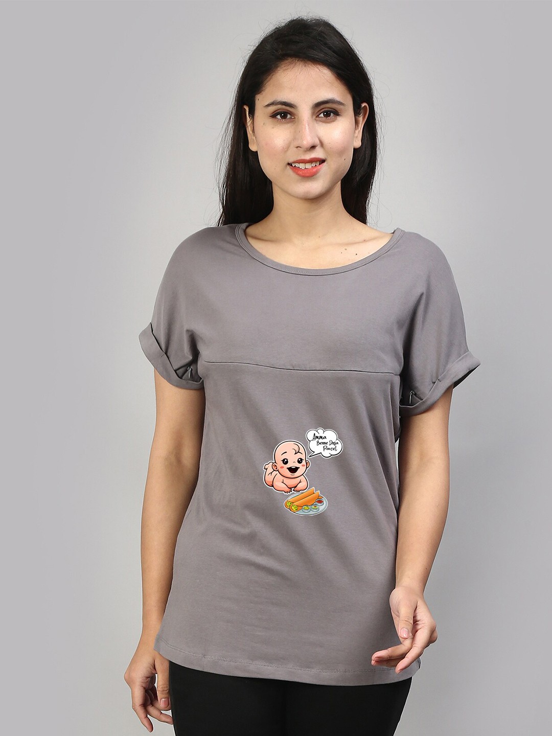 

SillyBoom Graphic Printed Extended Sleeves Maternity Feeding T-shirt, Grey