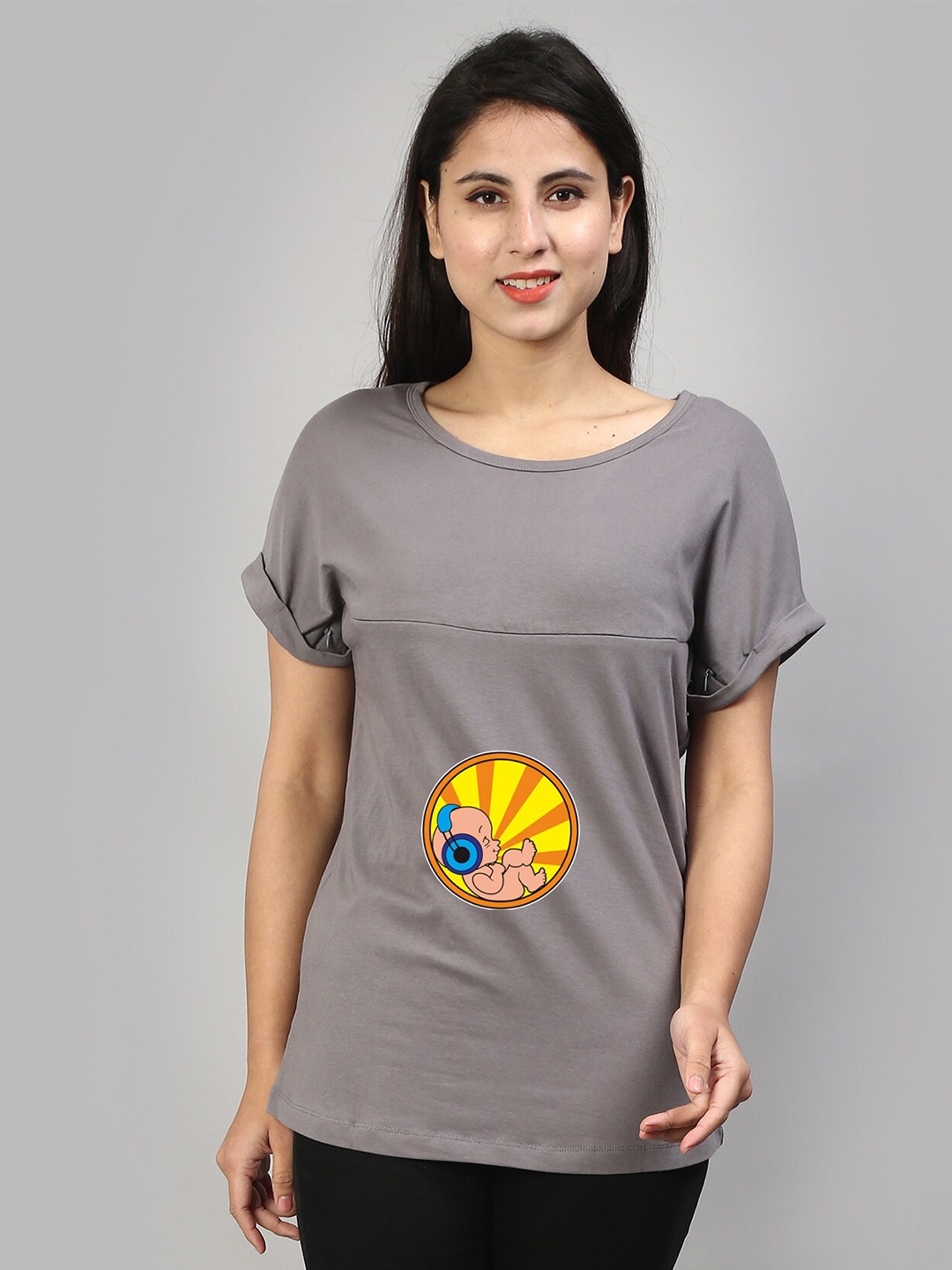 

SillyBoom Graphic Printed Extended Sleeves Maternity T-shirt, Grey