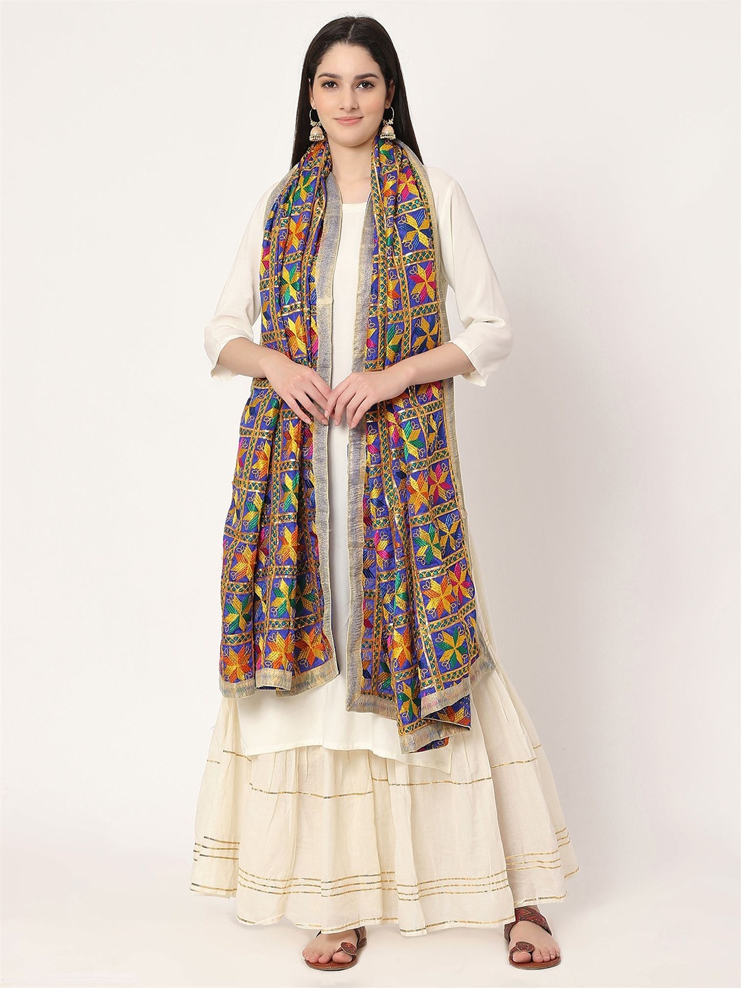 

Moda Chales Embroidered Phulkari Dupatta, Blue