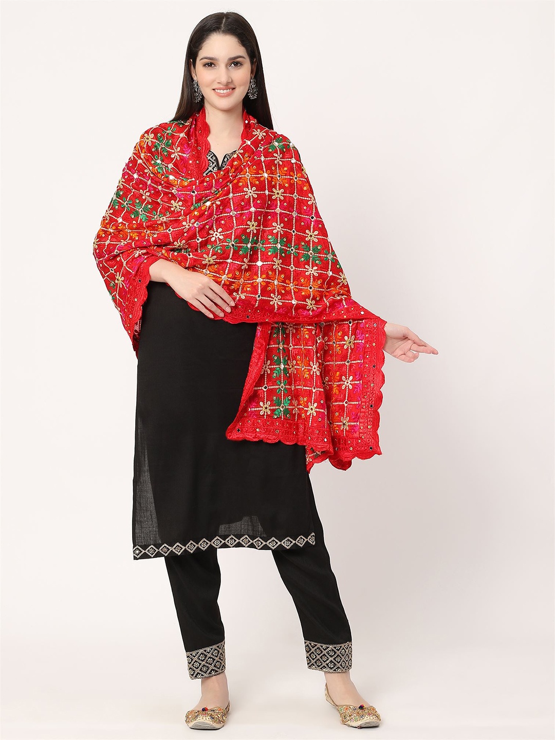 

Moda Chales Ethnic Motifs Embroidered Dupatta with Phulkari, Red