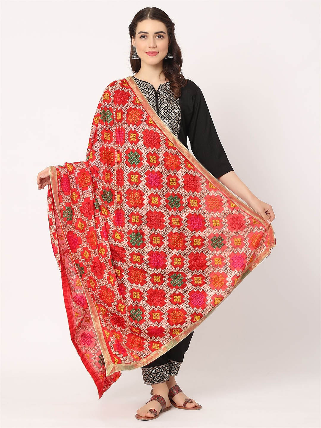 

Moda Chales Embroidered Phulkari Dupatta, Red