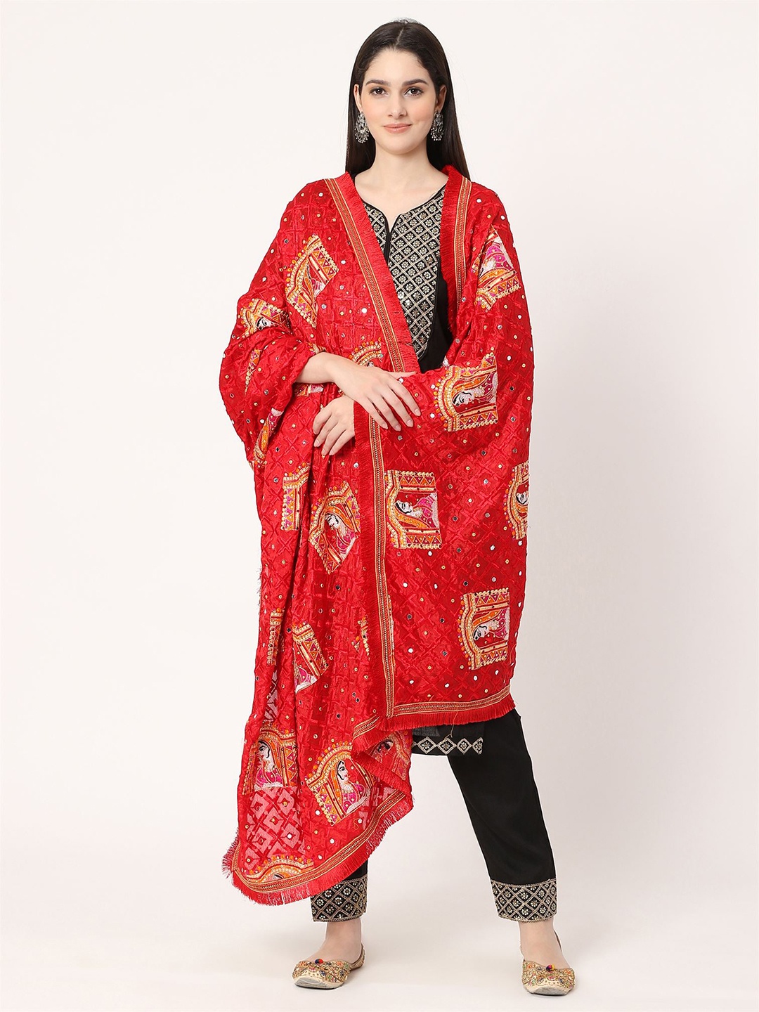 

Moda Chales Phulkari Embroidered Dupatta, Red