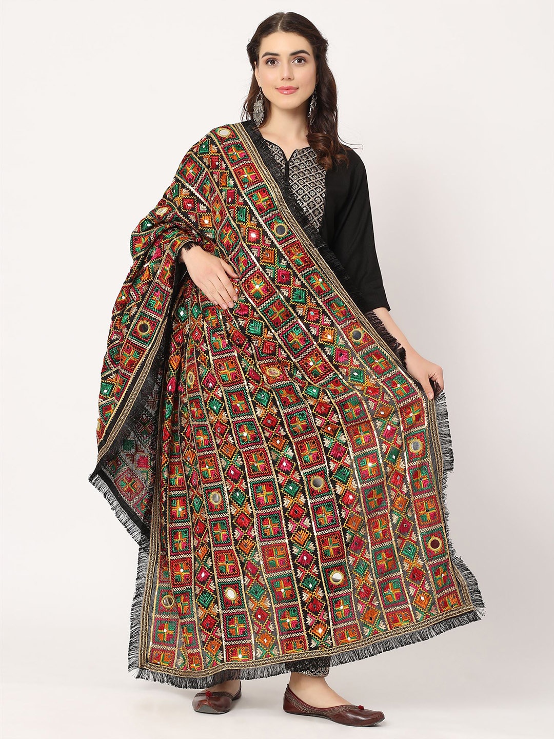 

Moda Chales Ethnic Motifs Embroidered Dupatta With Phulkari, Black