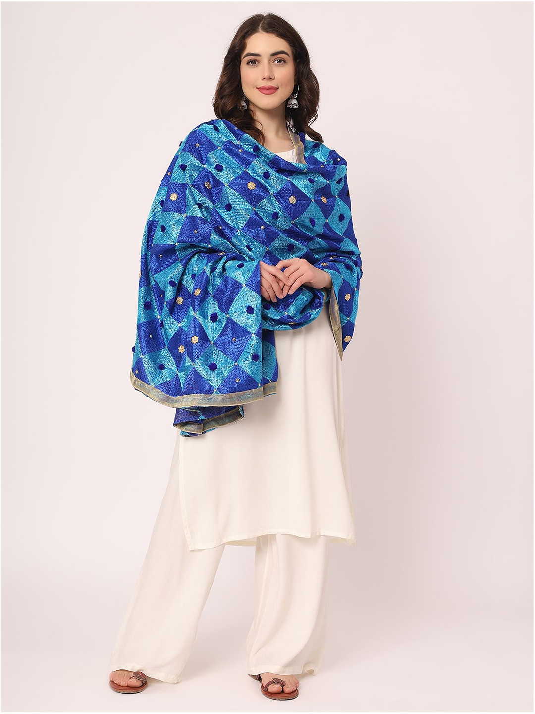 

Moda Chales Embroidered Phulkari Dupatta, Blue