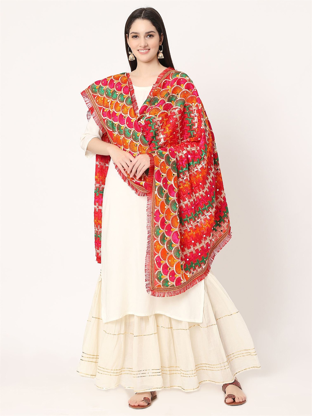 

Moda Chales Embroidered Phulkari Dupatta, Red
