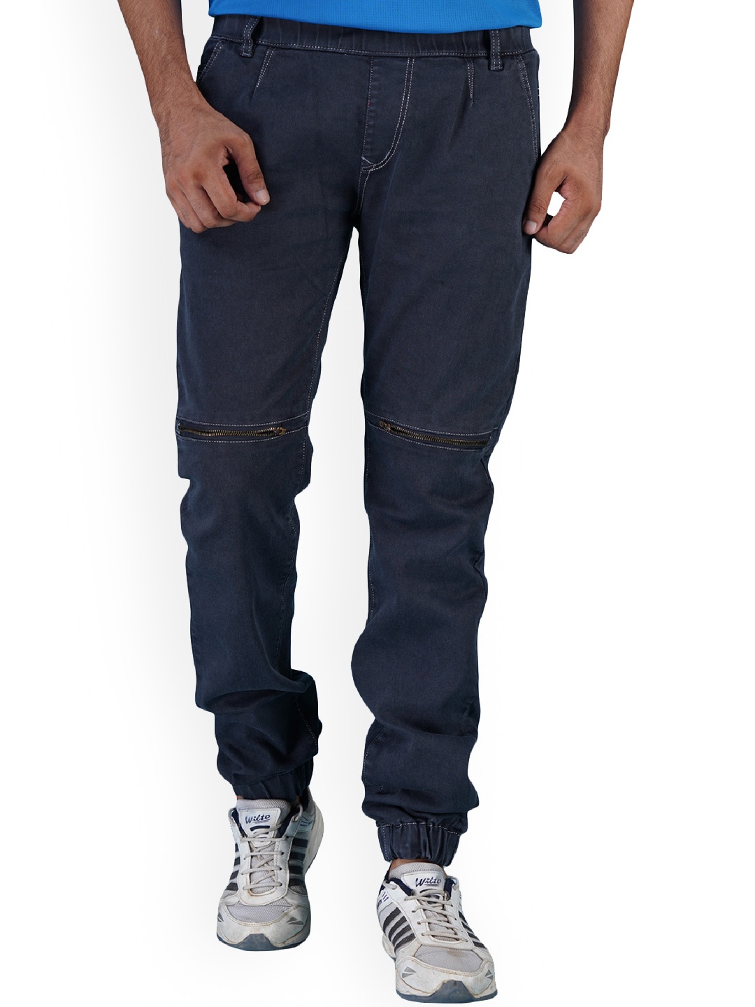 

Xee Men Jean Mid Rise Slash Knee Cotton Jogger Jeans, Grey