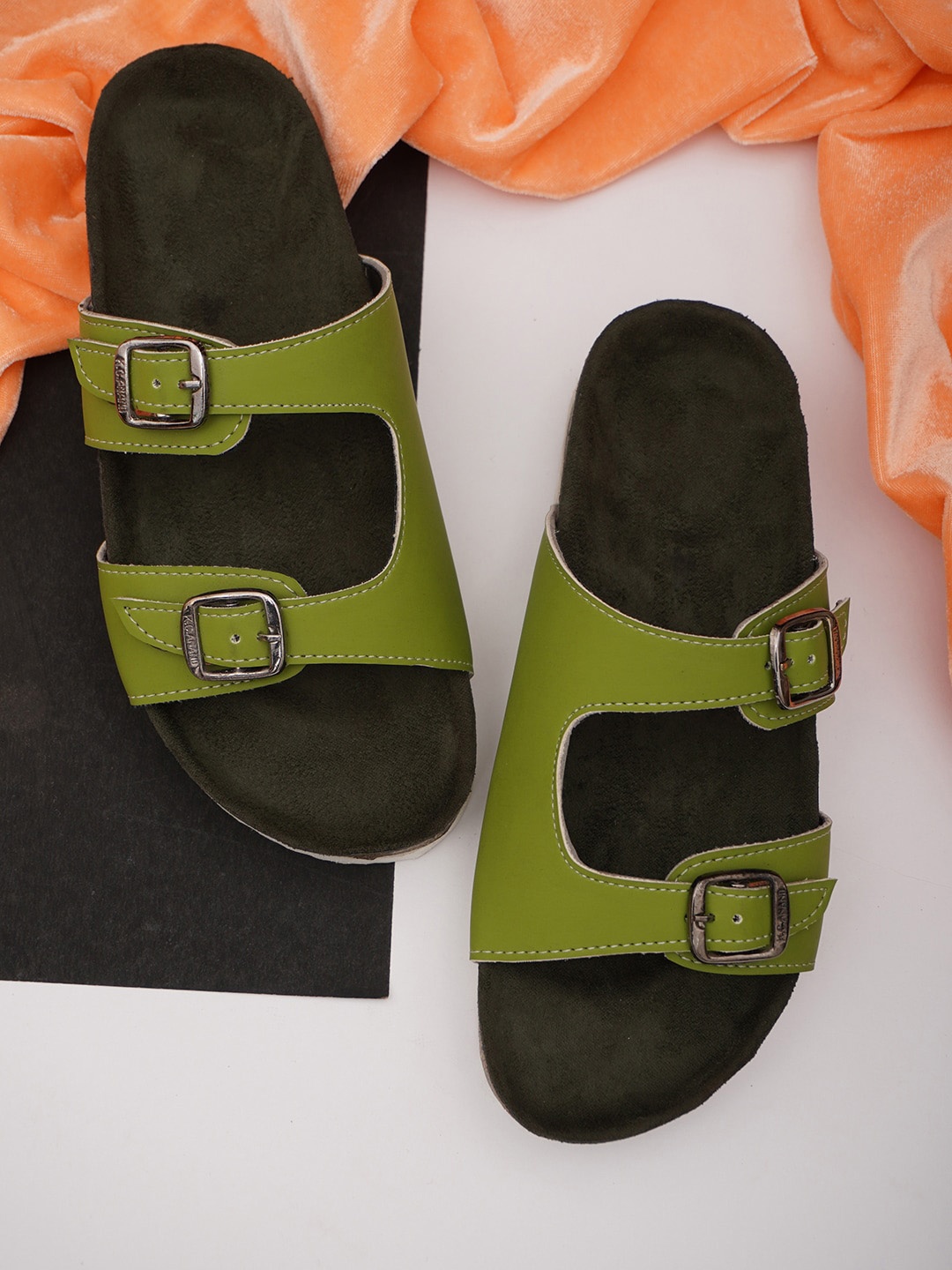 

LEONCINO Two Strap Open Toe Flats With Buckles, Olive