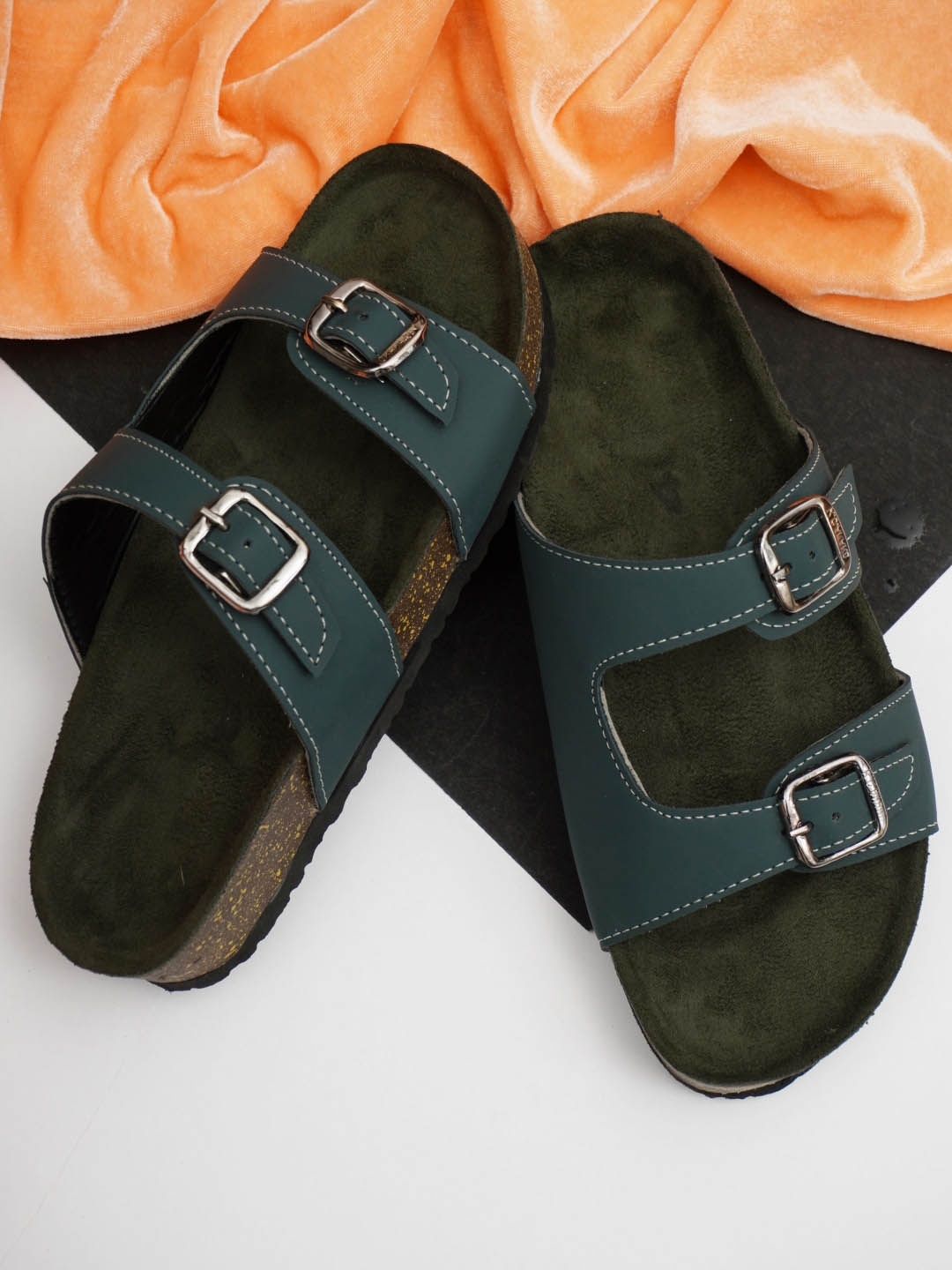 

LEONCINO Slip-On Open Toe Flats With Buckle Detail, Blue