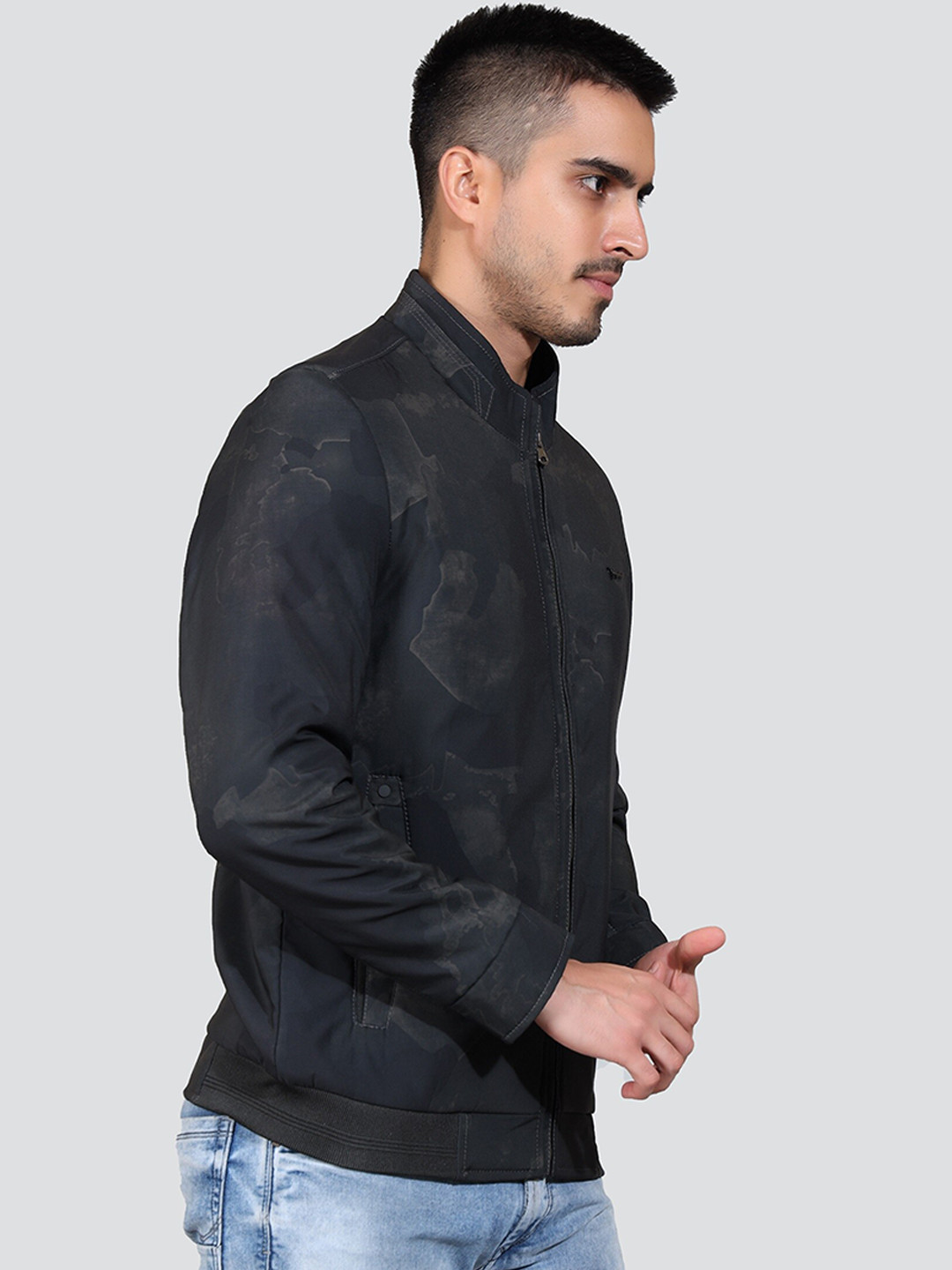 

YOUNG CLUB CLASSIC Abstract Printed Mock Collar Lightweight Bomber Jacket, Olive