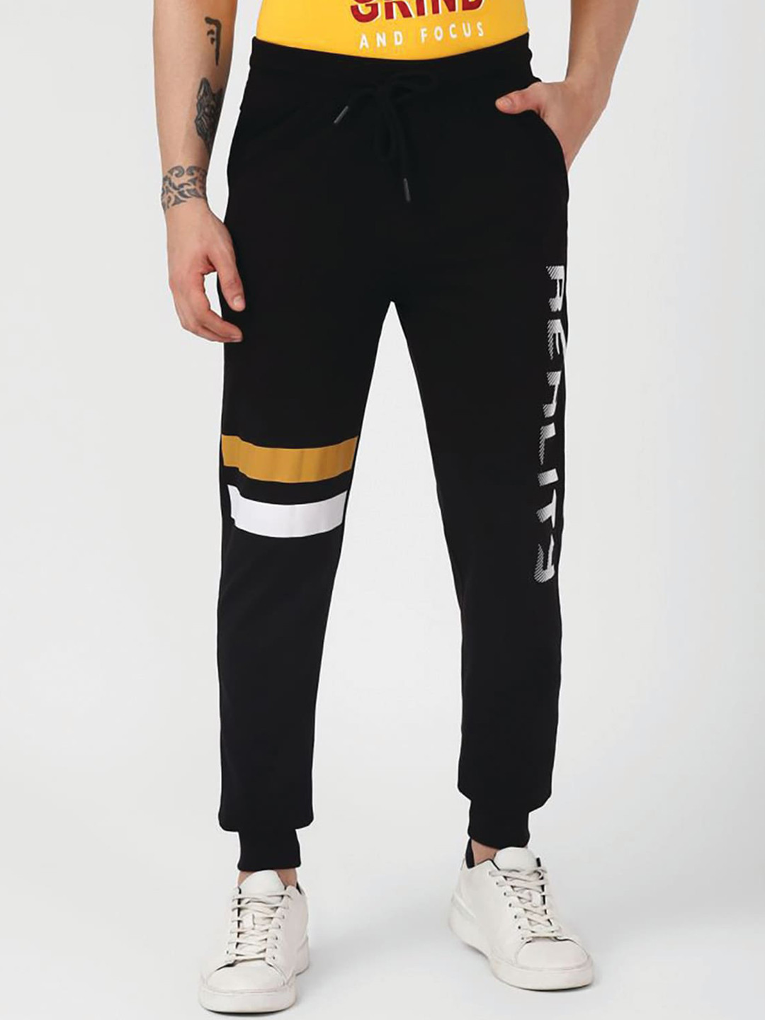 

UrbanMark Men Typography Printed Regular Fit Cotton Joggers Track Pants, Black