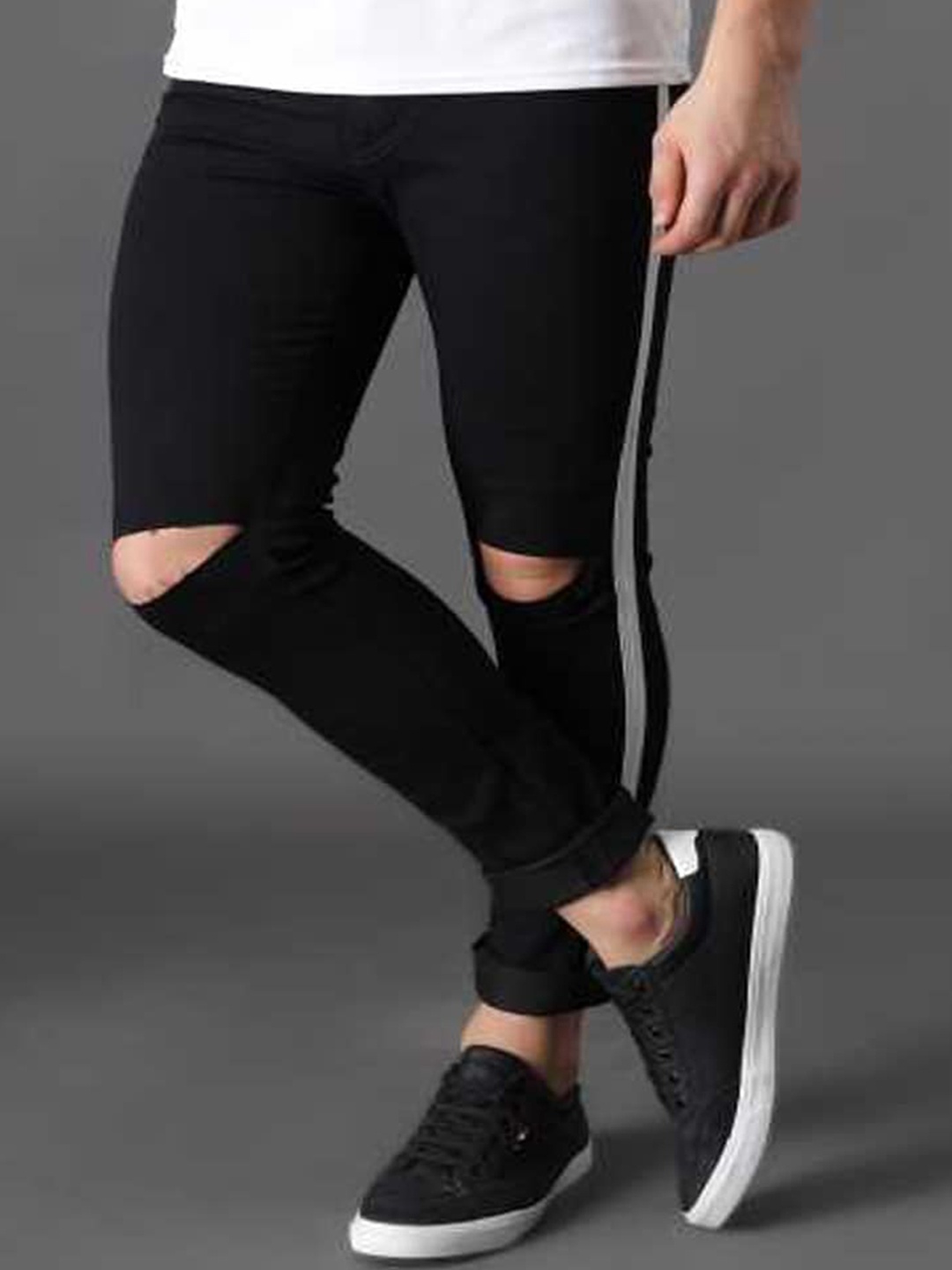 

Xee Men Jean Fit Slash Knee Side Stripes Mid-Rise Tear Resistant Fabric Cotton Jeans, Black
