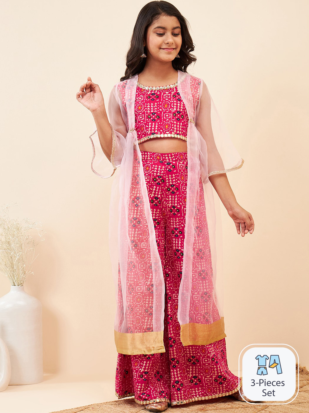 

Stylo Bug Girls Printed Pure Cotton Top With Palazzo & Shrug, Pink