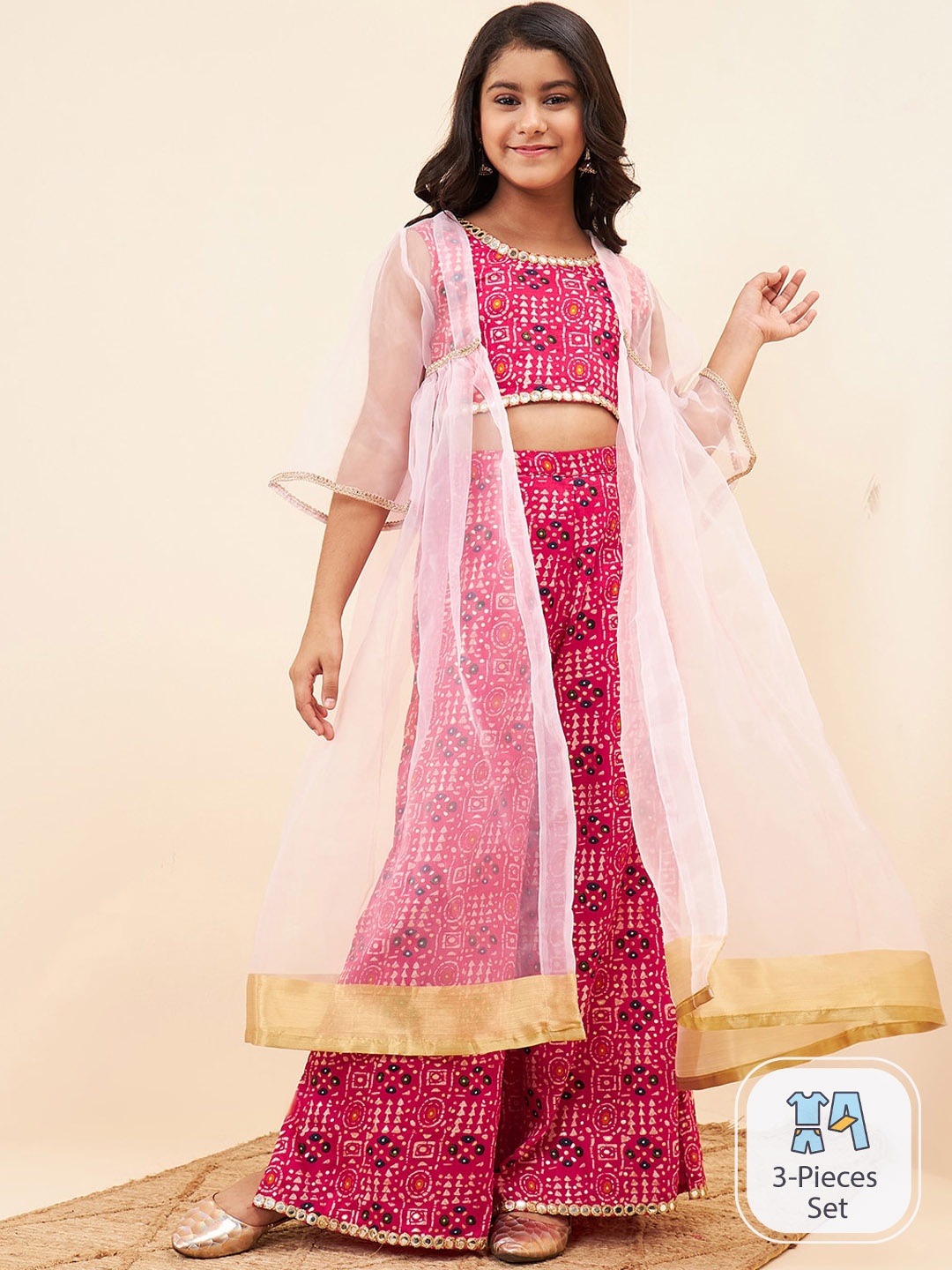 

Stylo Bug Girls Printed Pure Cotton Top With Palazzos & Shrug, Pink
