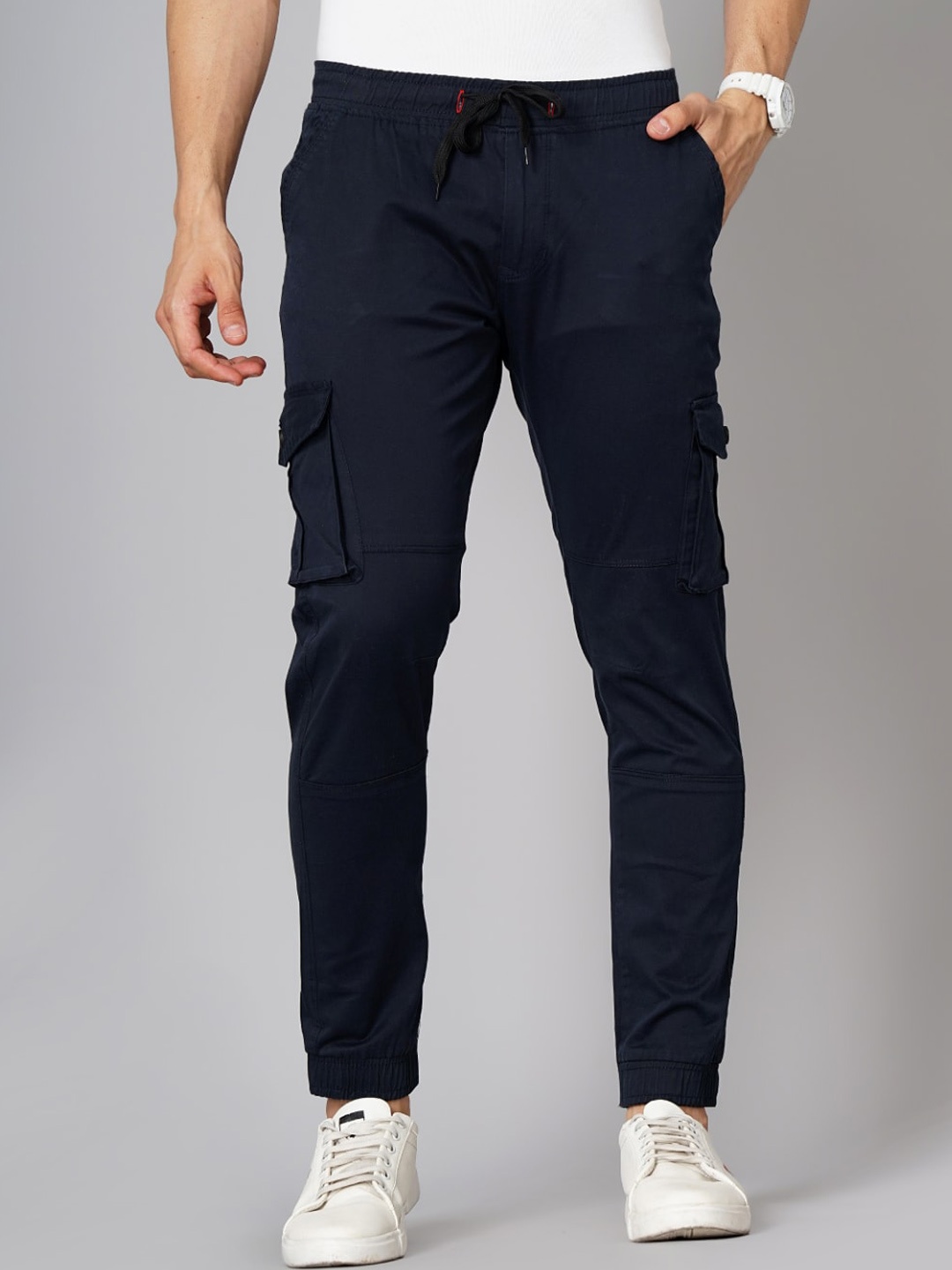 

PAUL STREET Men Smart Slim Fit Cotton Cargos, Navy blue