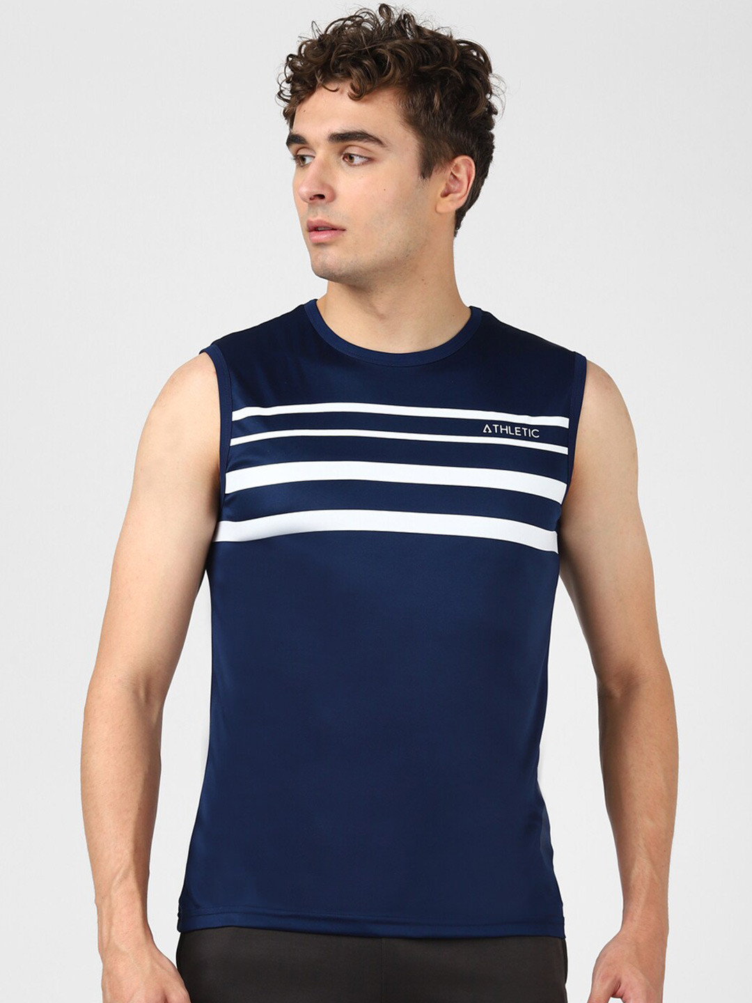 

UrbanMark Striped Sleeveless Quick Dry Sports T Shirt, Navy blue