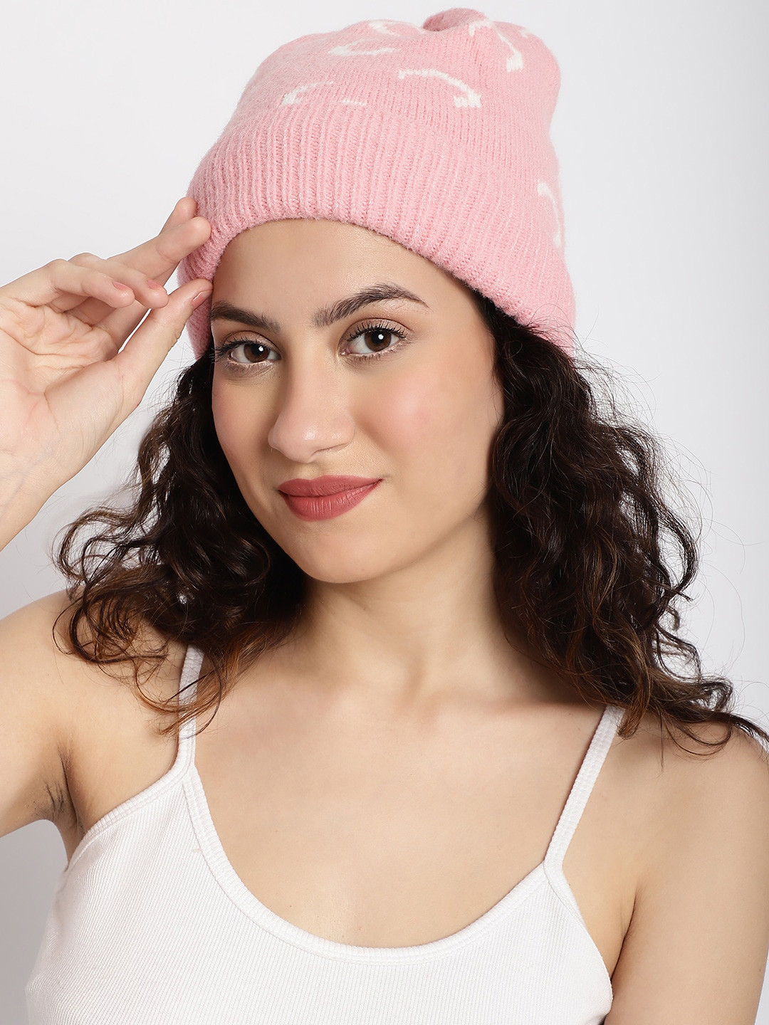 

ELLIS Conversational Printed Acrylic Beanie, Pink