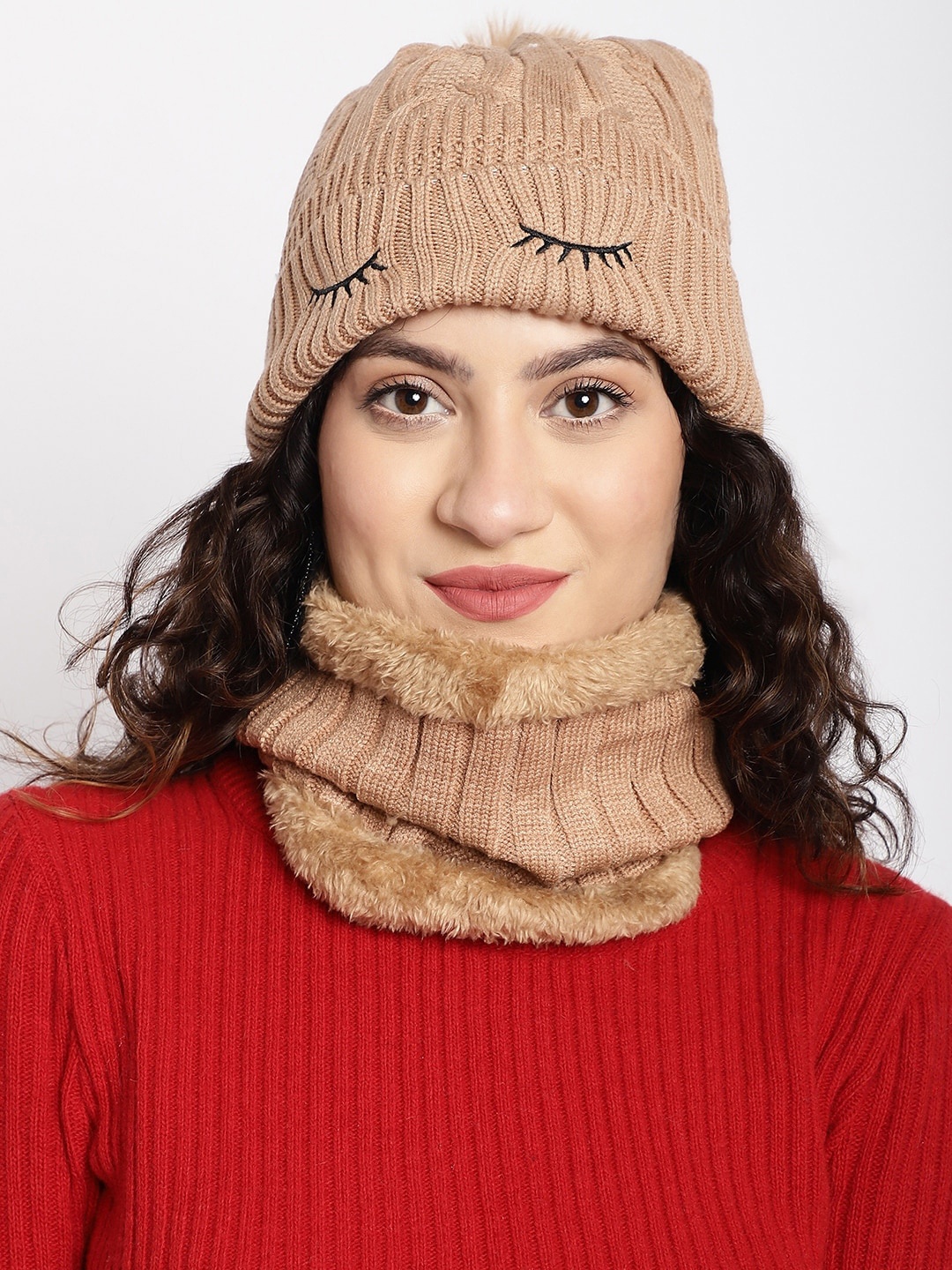 

ELLIS Women Self Design Acrylic Beanie and Neck Cover, Brown