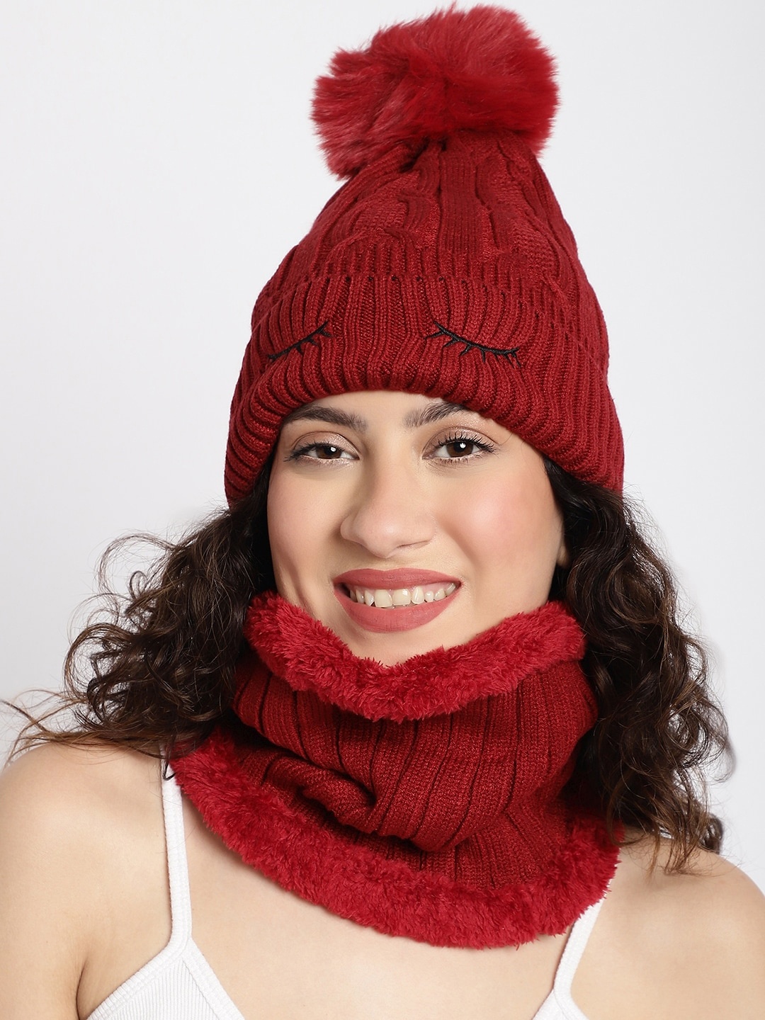 

ELLIS Women Self Design Beanie With Neck Cover, Maroon