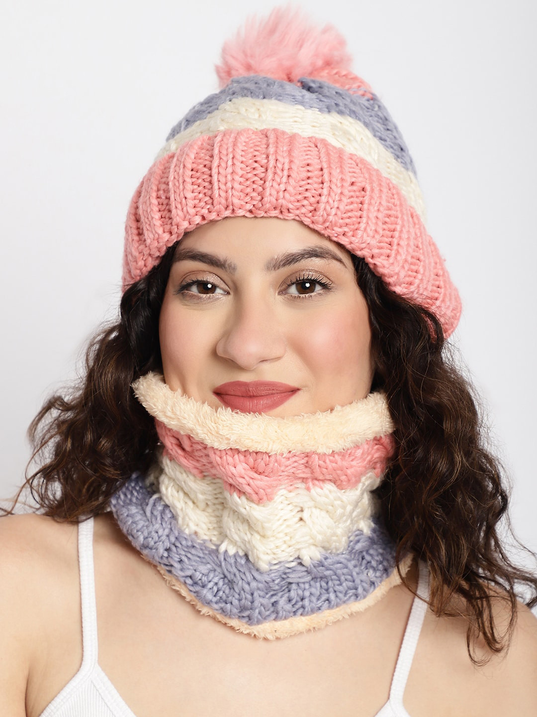 

ELLIS Women Colourblocked Beanie and Neck Cover, Pink