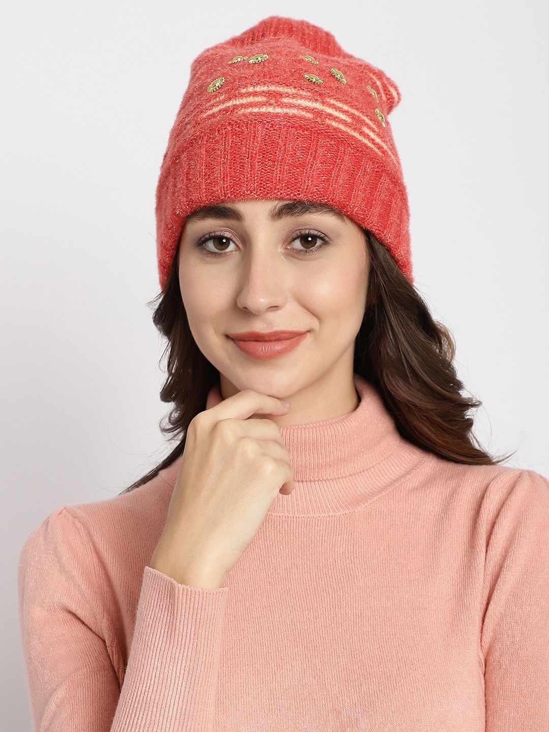 

ELLIS Women Self Design Acrylic Beanie, Rose