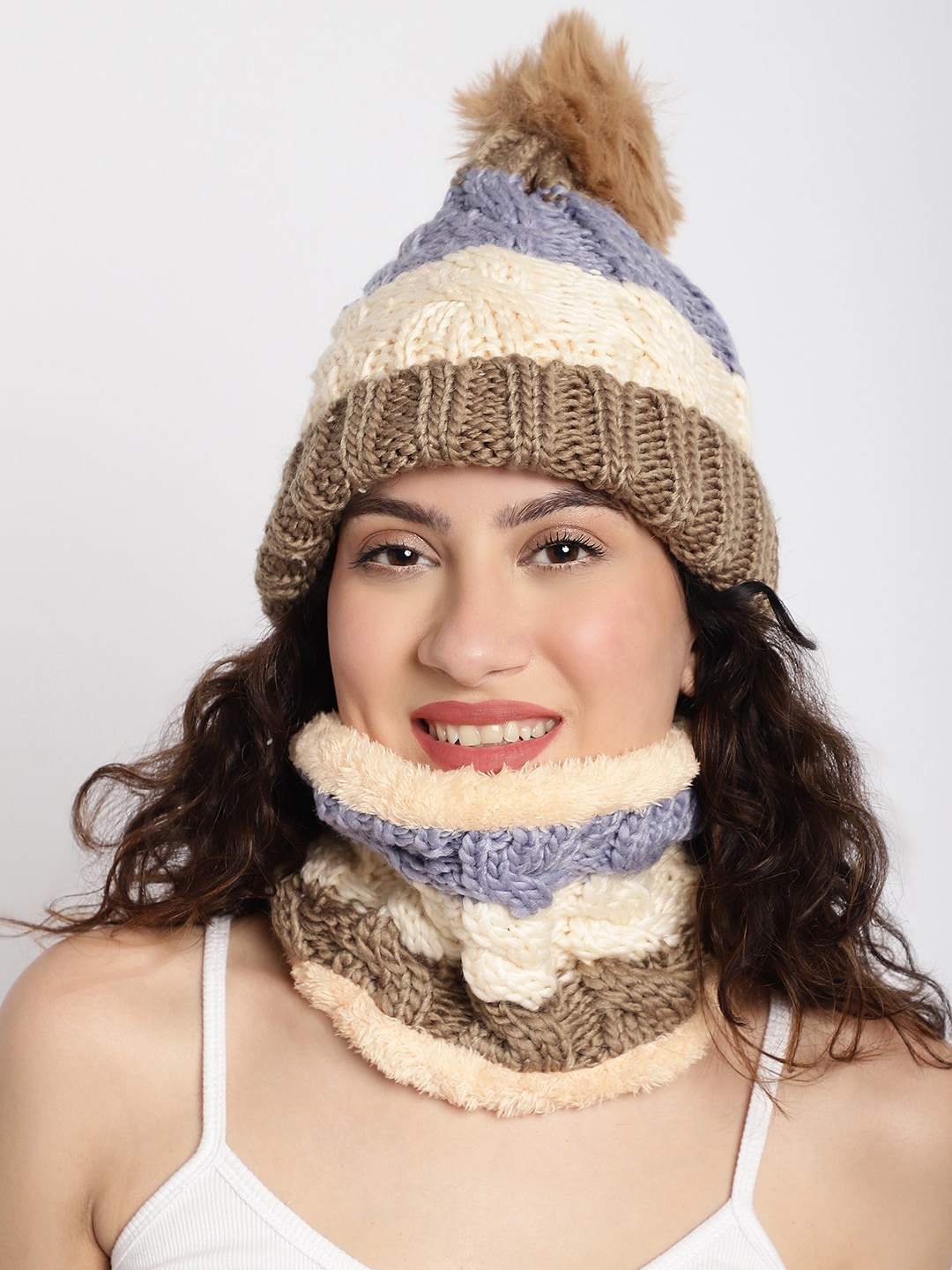 

ELLIS Women Self Design Acrylic Beanie and Neck Cover, Brown