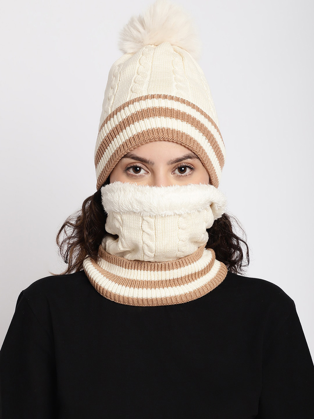 

ELLIS Women Self Design Acrylic Beanie and Neck Cover, Cream