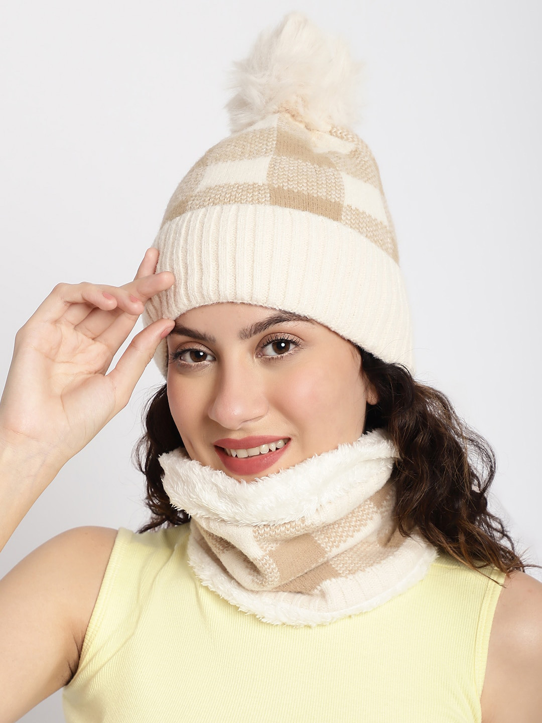 

ELLIS Women Self Design Acrylic Beanie and Neck Cover, Cream