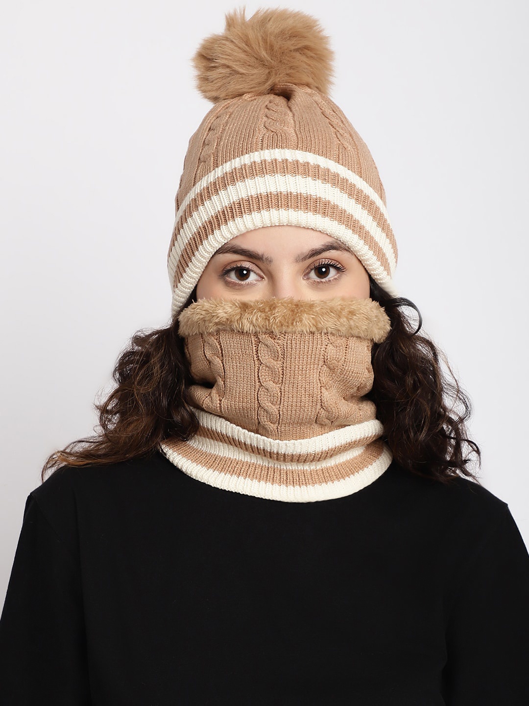 

ELLIS Women Self Design Acrylic Beanie and Neck Cover, Brown