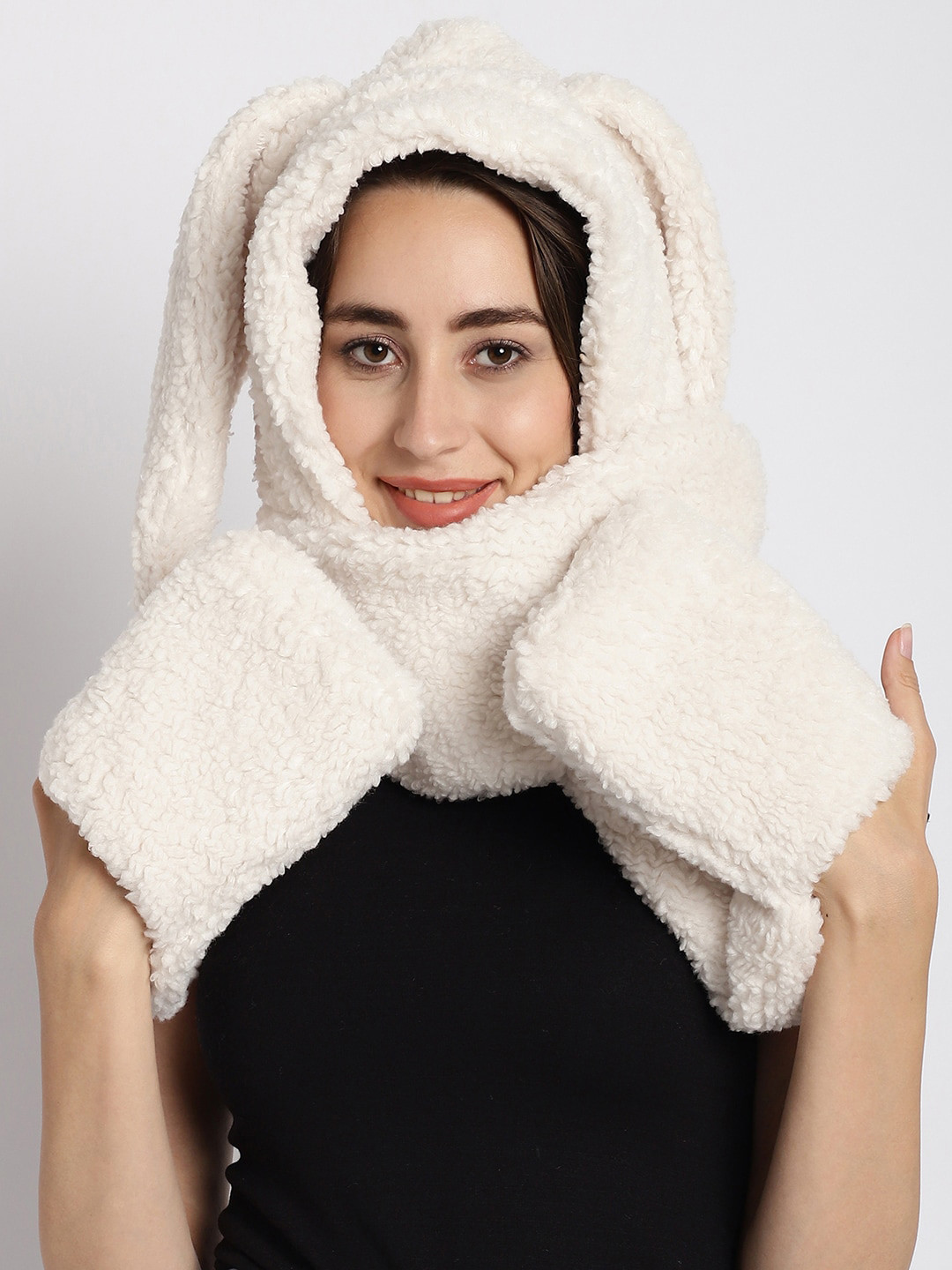 

ELLIS Women Self Design 3 in 1 Rabbit Beanie, White