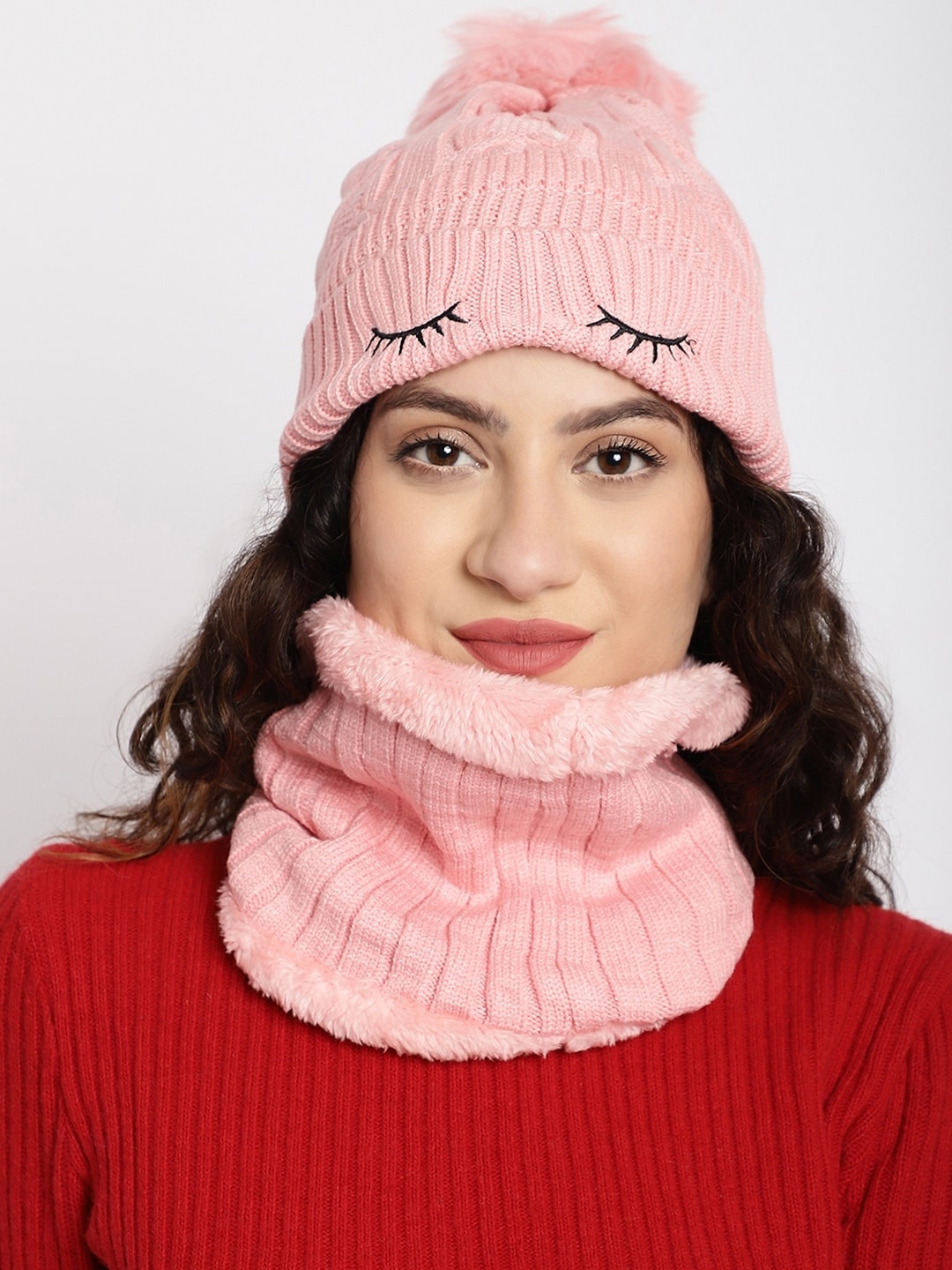 

ELLIS Self Design Acrylic Beanie & Neck Cover, Pink