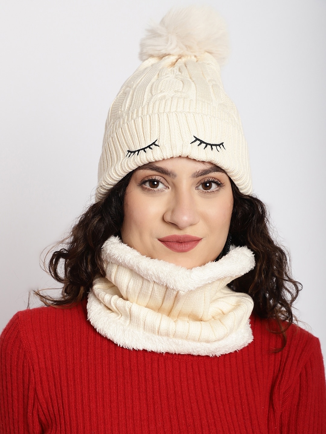 

ELLIS Women Self Design Acrylic Beanie and Neck Cover, Cream