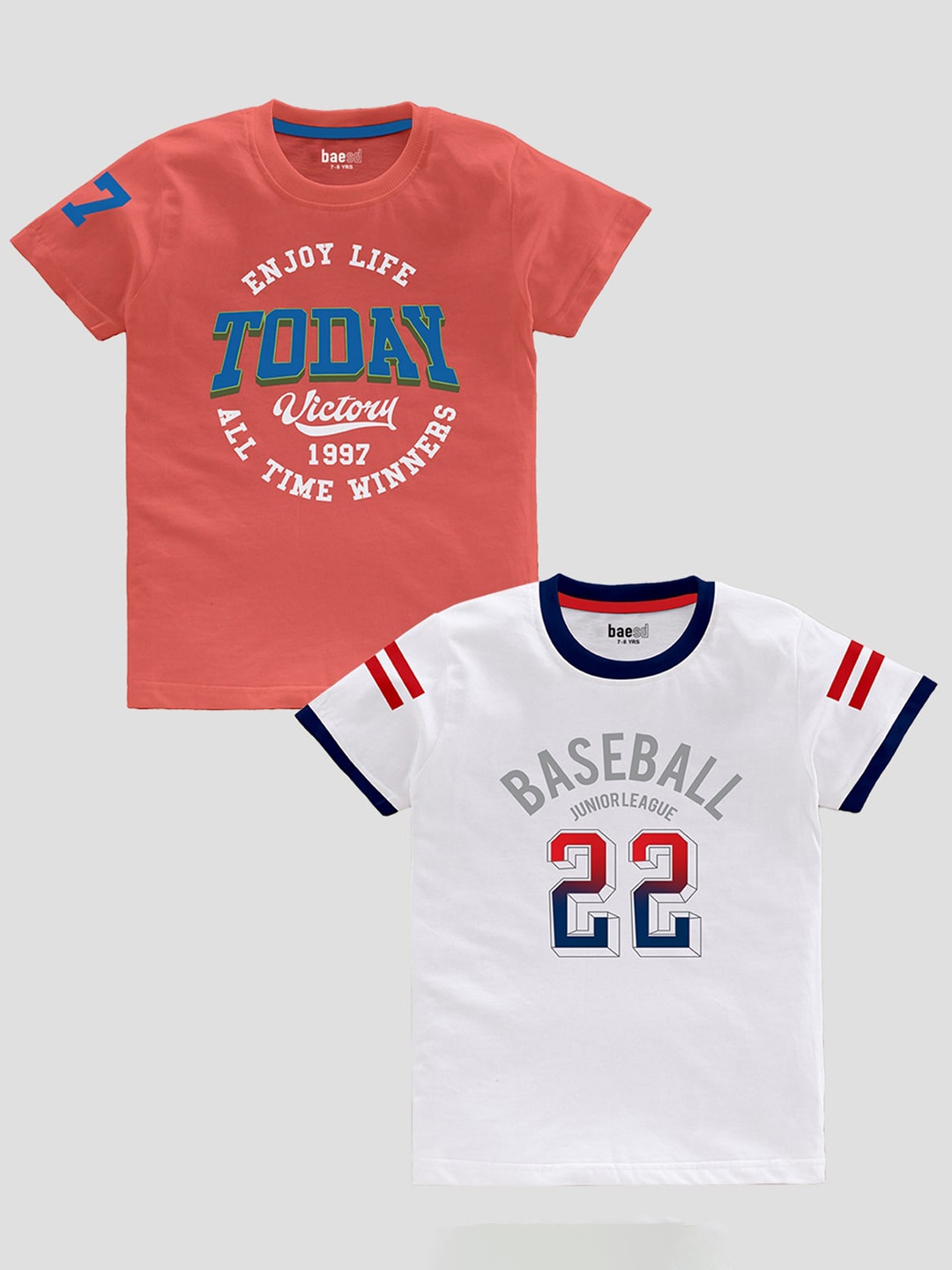 

BAESD Boys Pack Of 2 Typography Printed Pure Cotton T-shirt, Peach