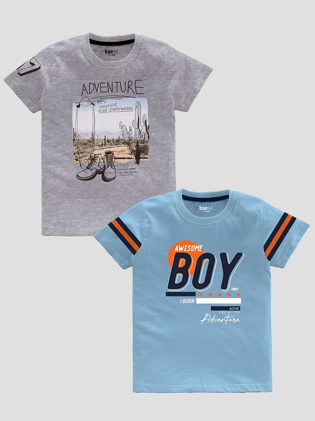 

BAESD Boys Pack Of 2 Typography Printed Pure Cotton T-shirt, Grey