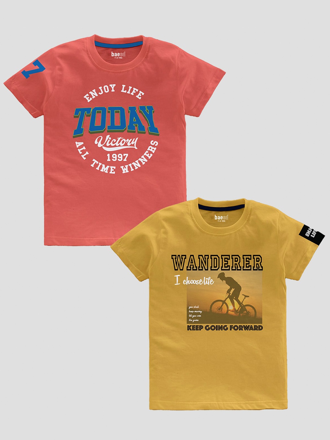 

BAESD Boys Pack Of 2 Typography Printed Pure Cotton T-shirt, Mustard