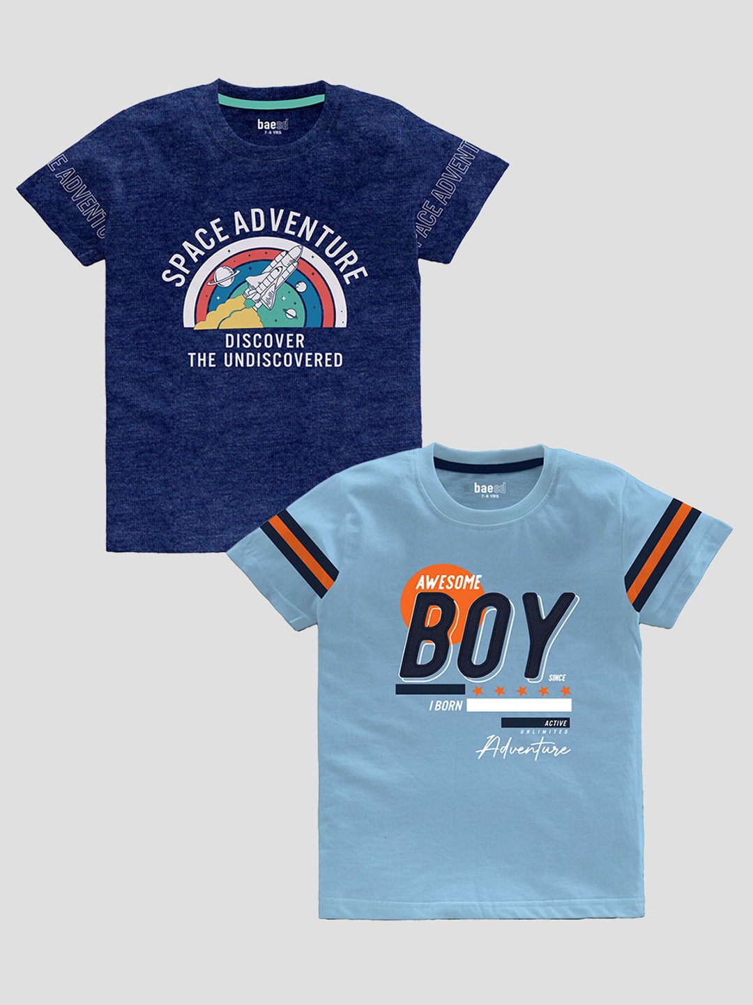BAESD Boys Pack Of 2 Typography Printed Pure Cotton Casual T-shirt, Navy blue