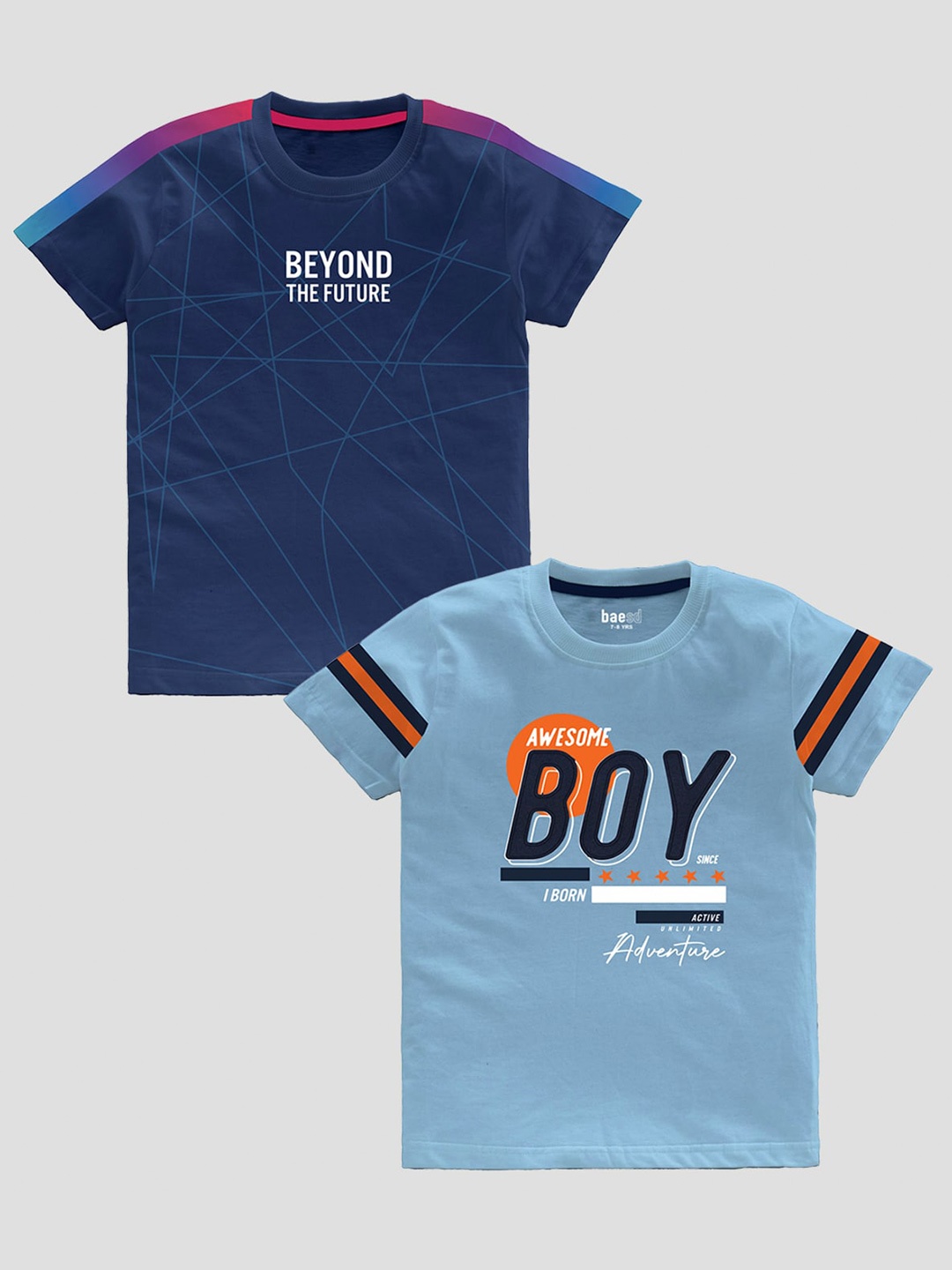 BAESD Boys Pack Of 2 Typography Printed Pure Cotton T-shirt, Navy blue