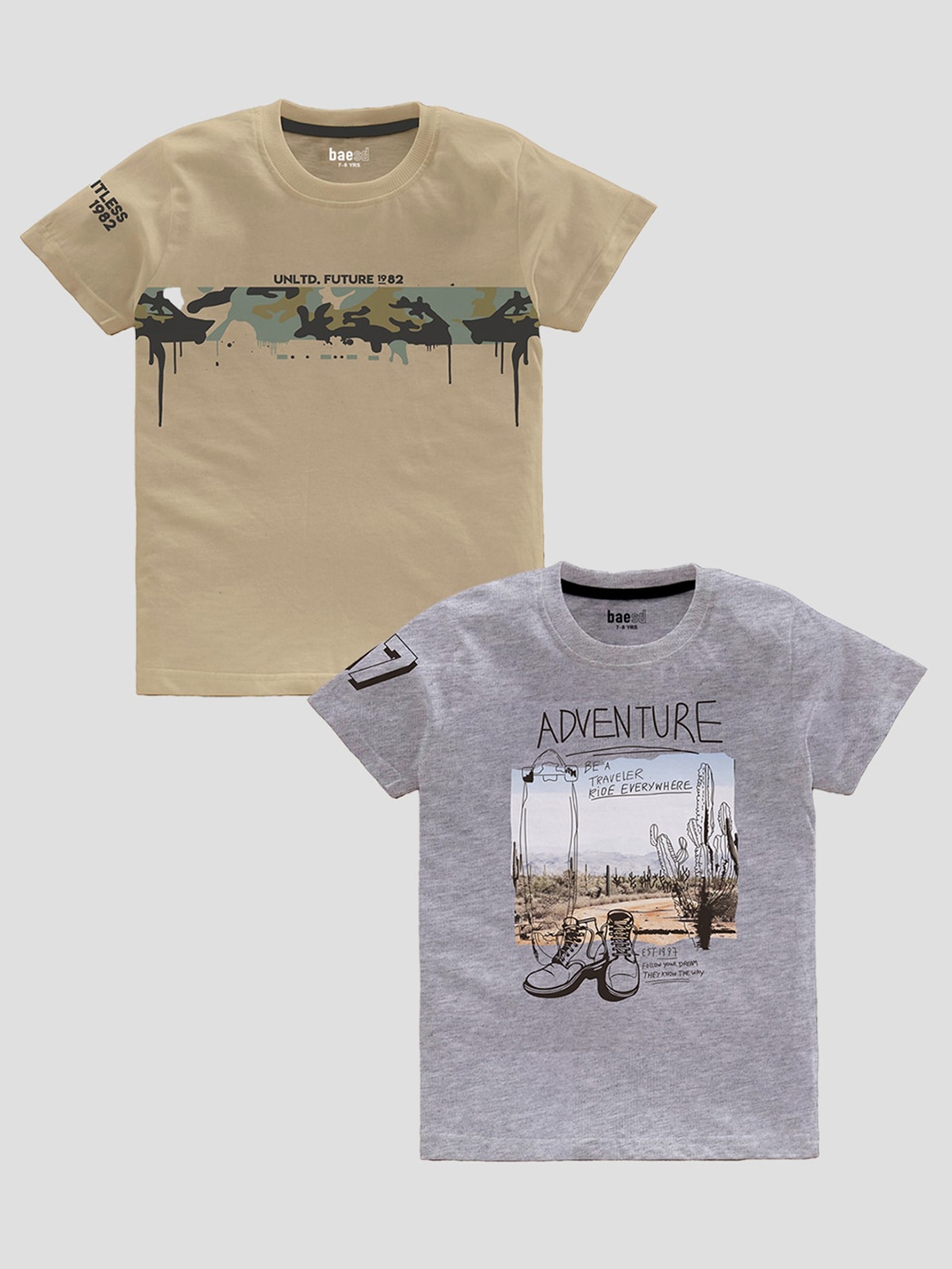 

BAESD Boys Pack Of 2 Typography Printed Pure Cotton Casual T-shirt, Beige