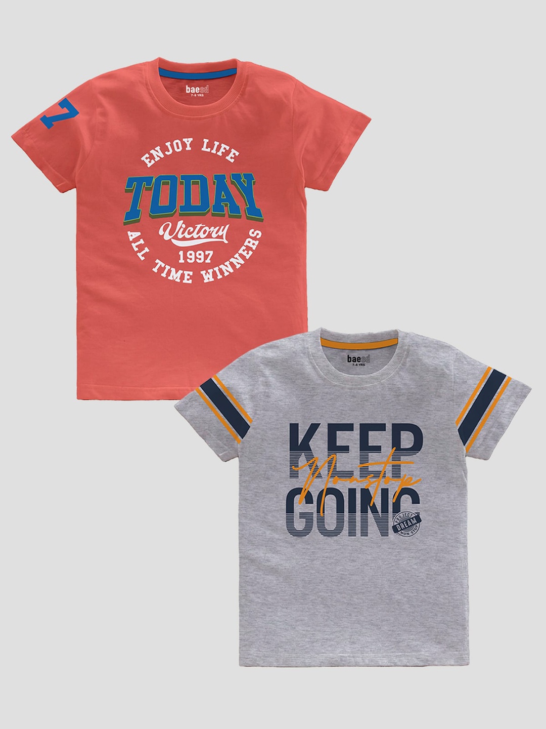 BAESD Boys Pack Of 2 Typography Printed Pure Cotton T-Shirt, Coral