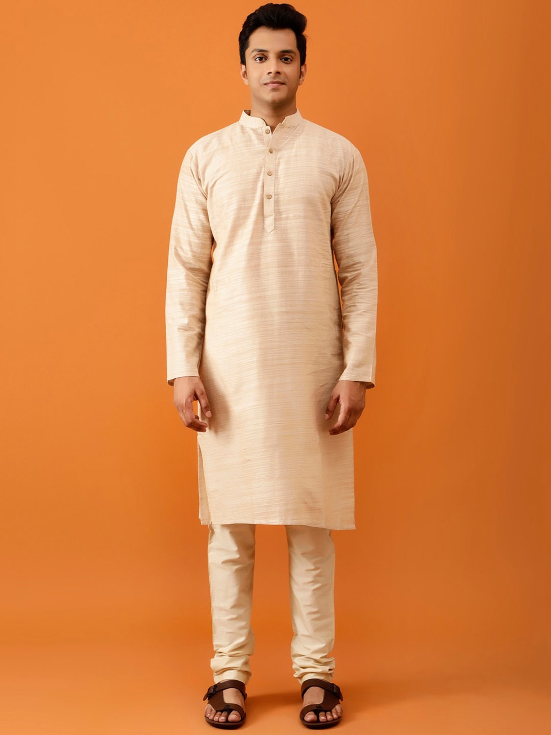 

Streaks & Crosses Striped Regular Pure Cotton Kurta With Churidar, Beige