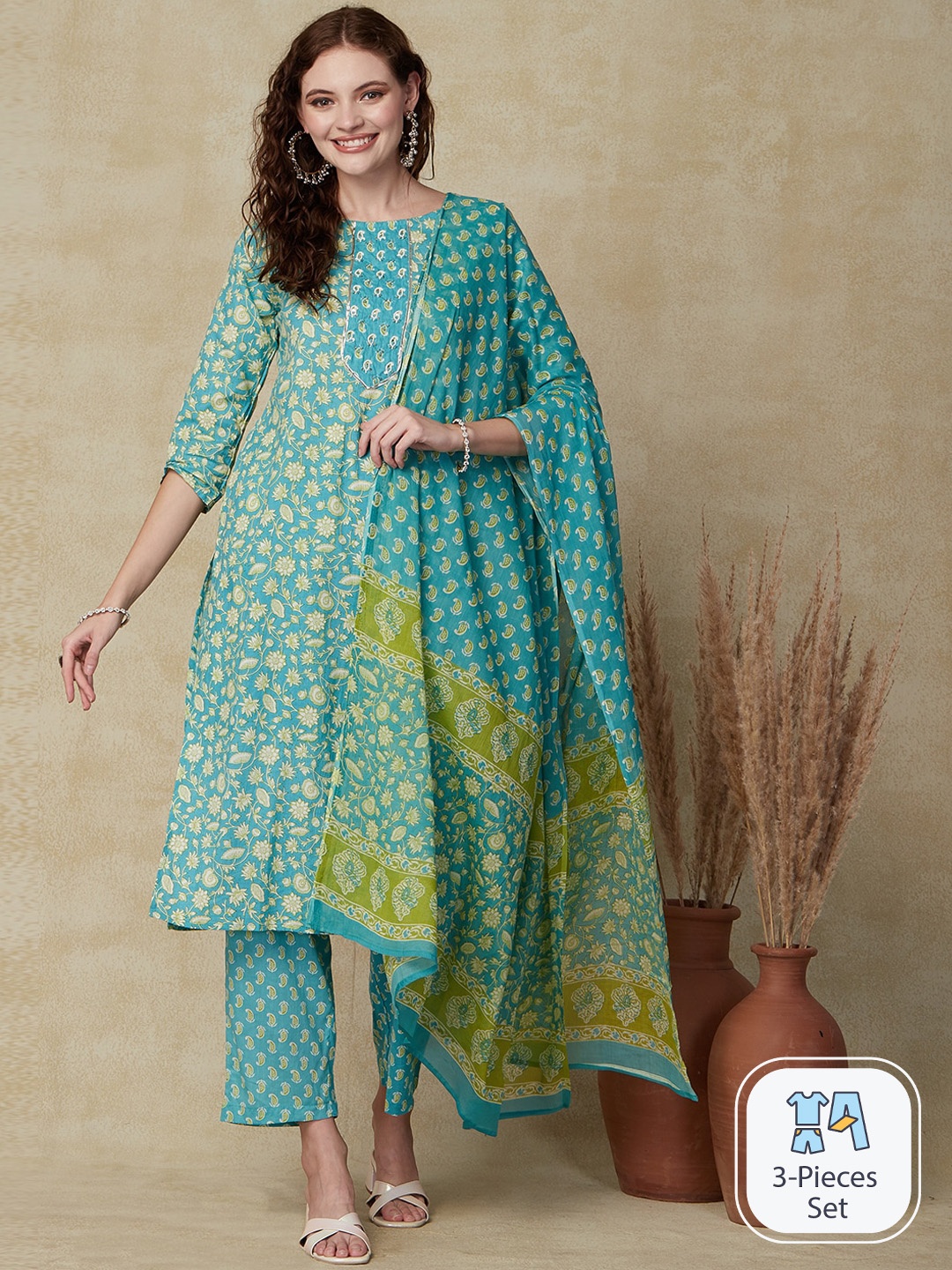 

FASHOR Floral Printed Regular Pure Cotton Kurta with Trousers & With Dupatta, Blue