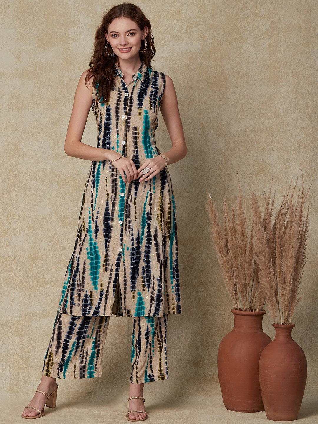 

FASHOR Beige Abstract Printed A-Line Kurta with Palazzos