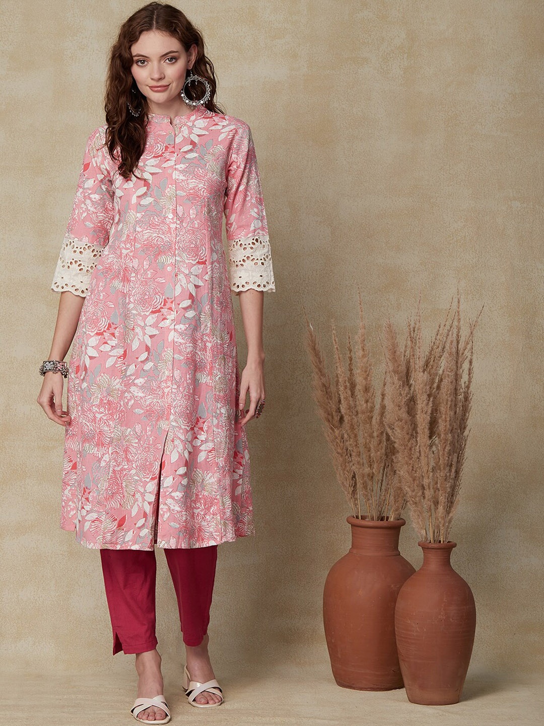 

FASHOR Floral Printed Mandarin Collar A-Line Kurta, Pink