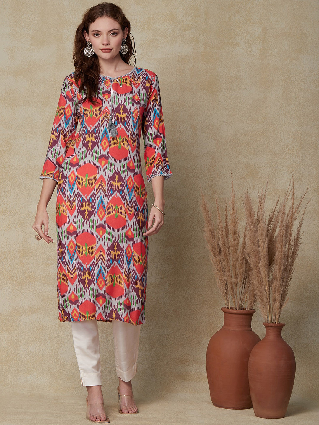 

FASHOR Ethnic Motifs Printed Straight Kurta, Coral