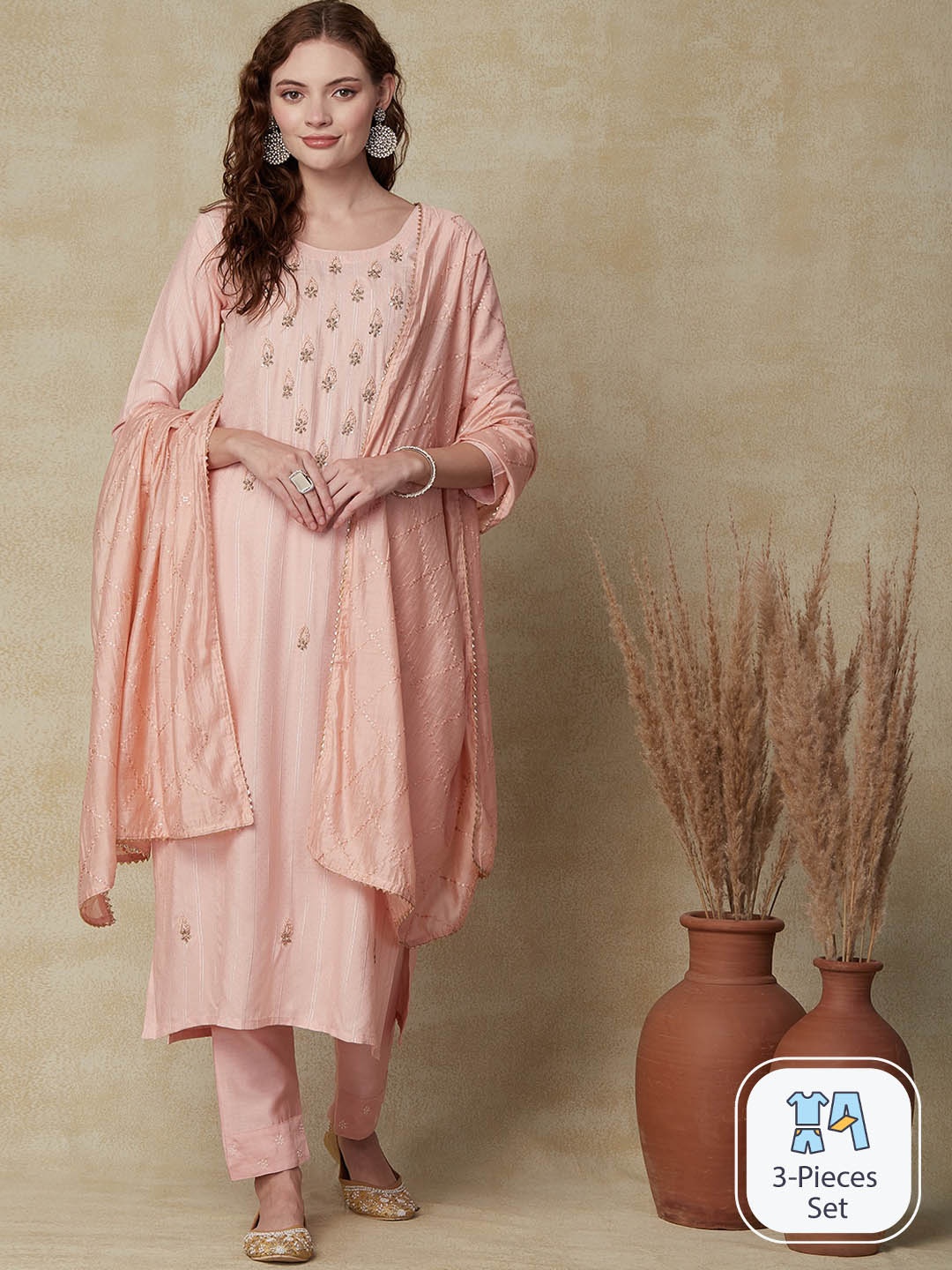 

FASHOR Peach Striped Regular Zardozi Kurta with Trousers & With Dupatta