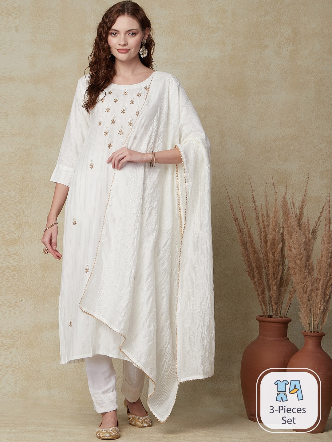 

FASHOR White Striped Regular Zardozi Kurta with Trousers & With Dupatta
