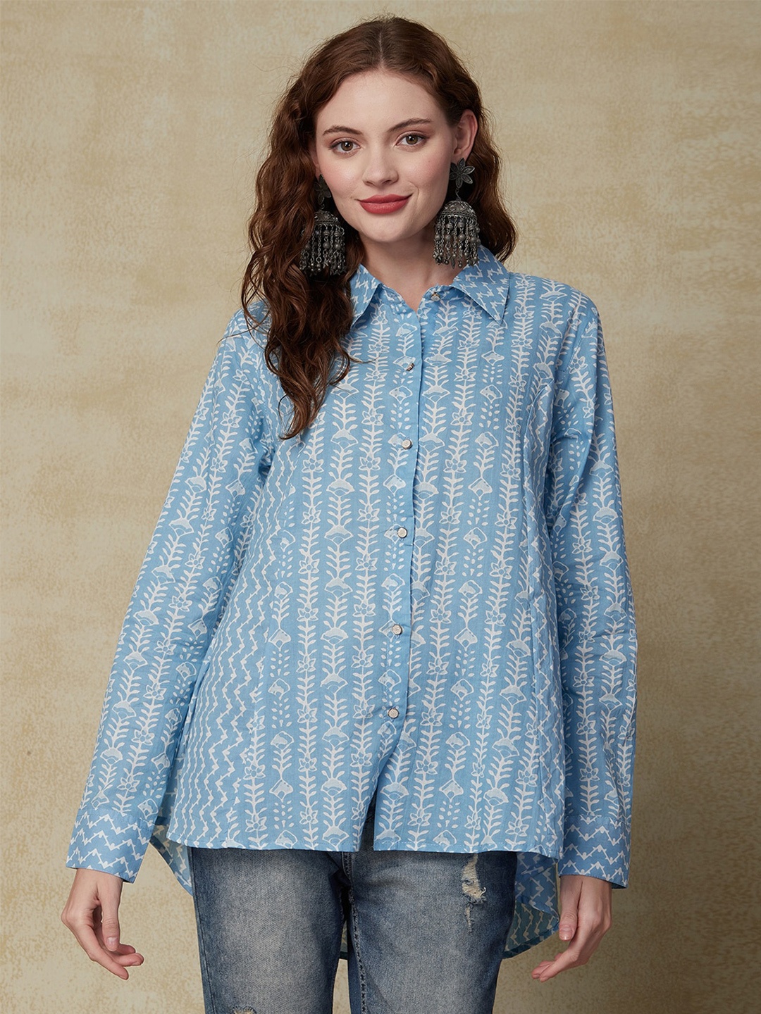 

FASHOR Floral Printed Spread Collar Regular Fit Cotton Casual Shirt, Blue