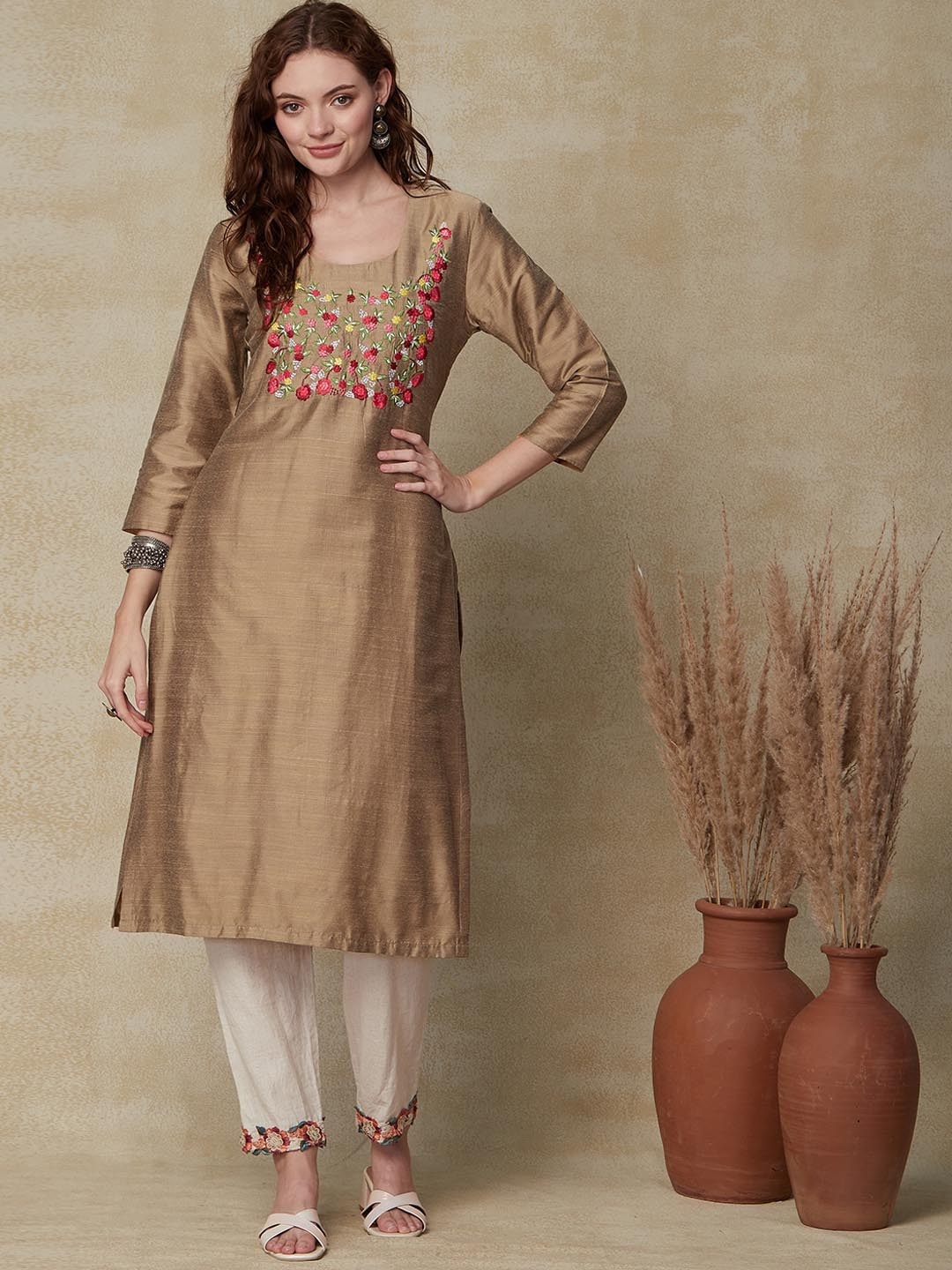 

FASHOR Floral Yoke Design Thread Work Cotton Silk Straight Kurta, Brown