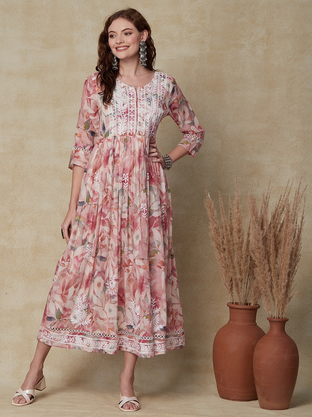 

FASHOR Floral Printed Gathered Cotton A-Line Midi Ethnic Dress, Pink