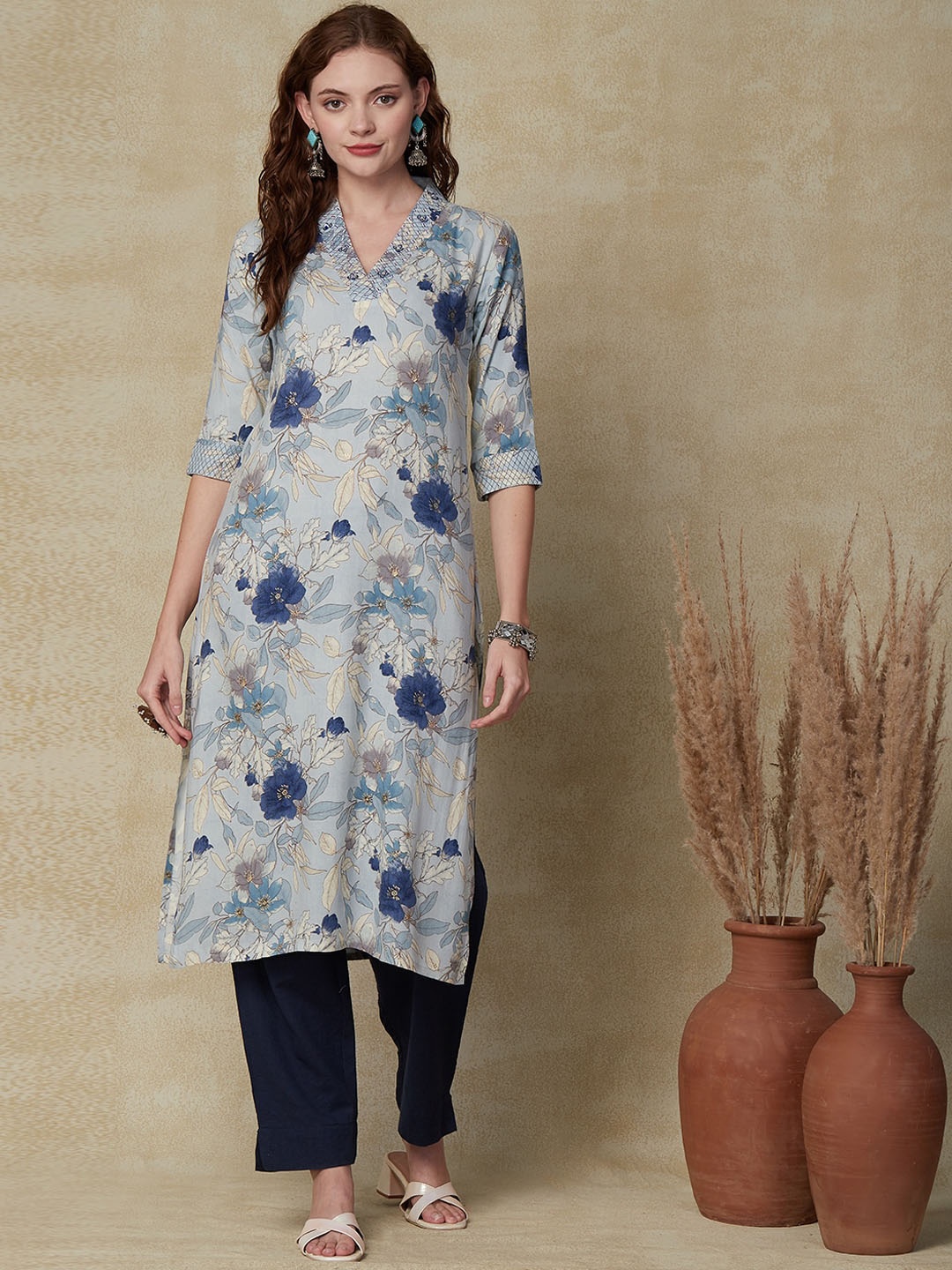 

FASHOR Floral Printed Straight Kurta, Blue