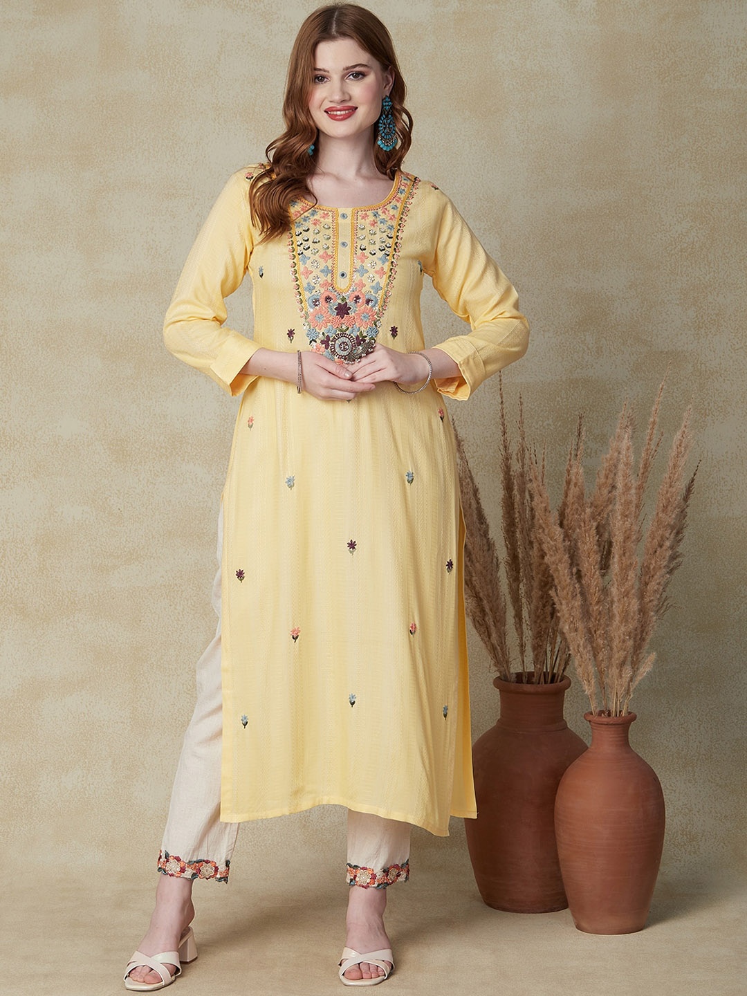 

FASHOR Floral Embroidered Straight Kurta, Yellow